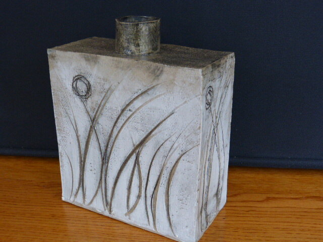 Grasses Flask - slip decorated and incised. , 18x19cm.    SOLD