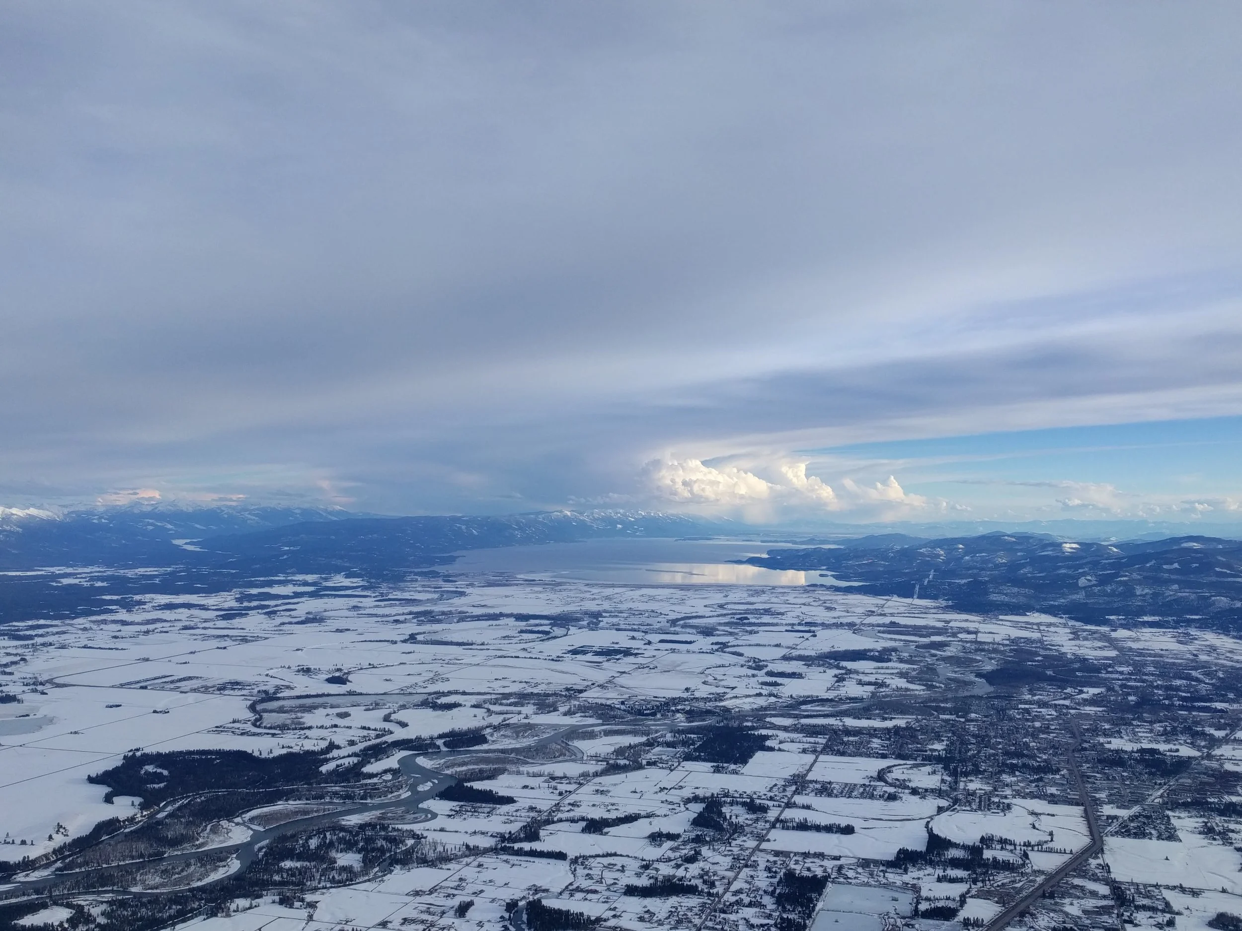 Snow flight over the Flathead Valley in Montana