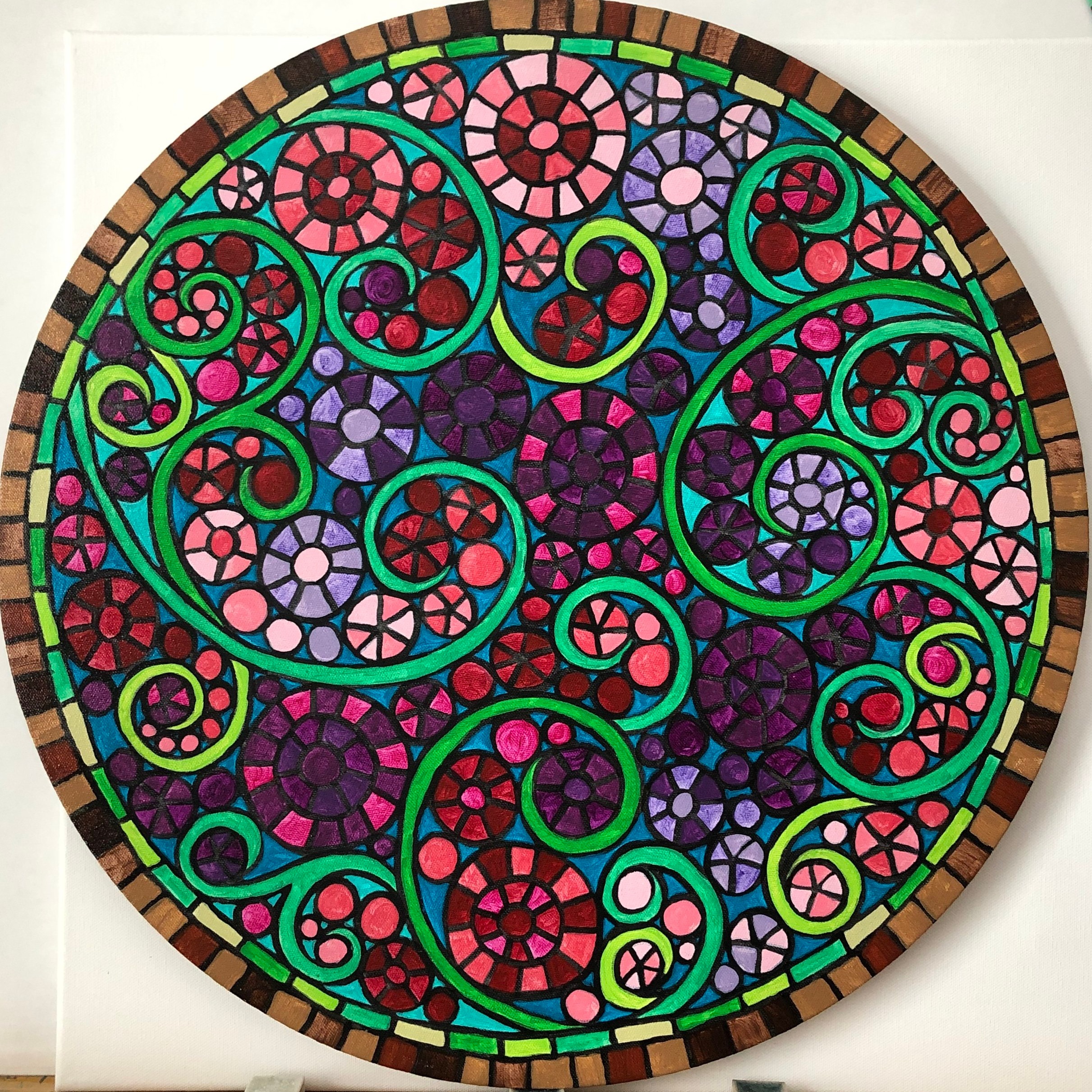 Ventana Rosa, 20″ circle, acrylic on canvas, 2015, $200