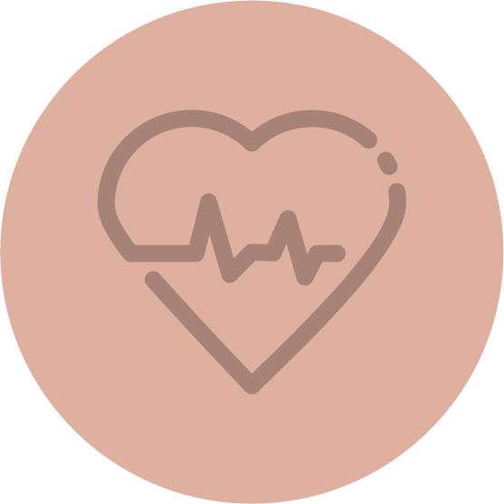 Outline of a heart with a heartbeat line inside and a small dot at the top right, set against a pink circular background.