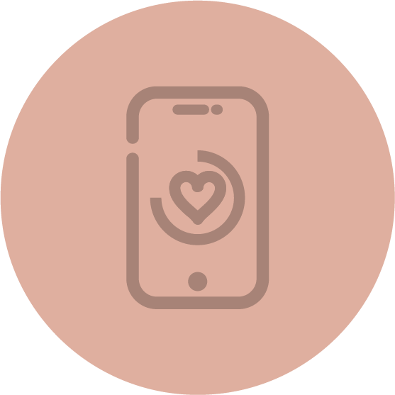 Simplified line drawing of a smartphone with a heart on the screen, on a pink circular background.