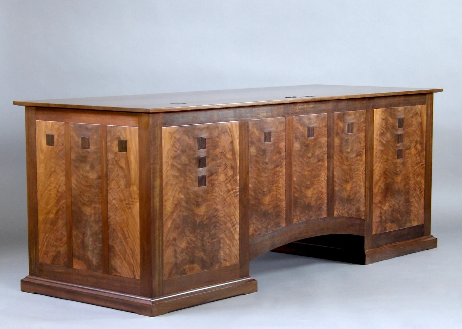 Gold desk - walnut, crotch walnut, inlaid wenge medallions wenge