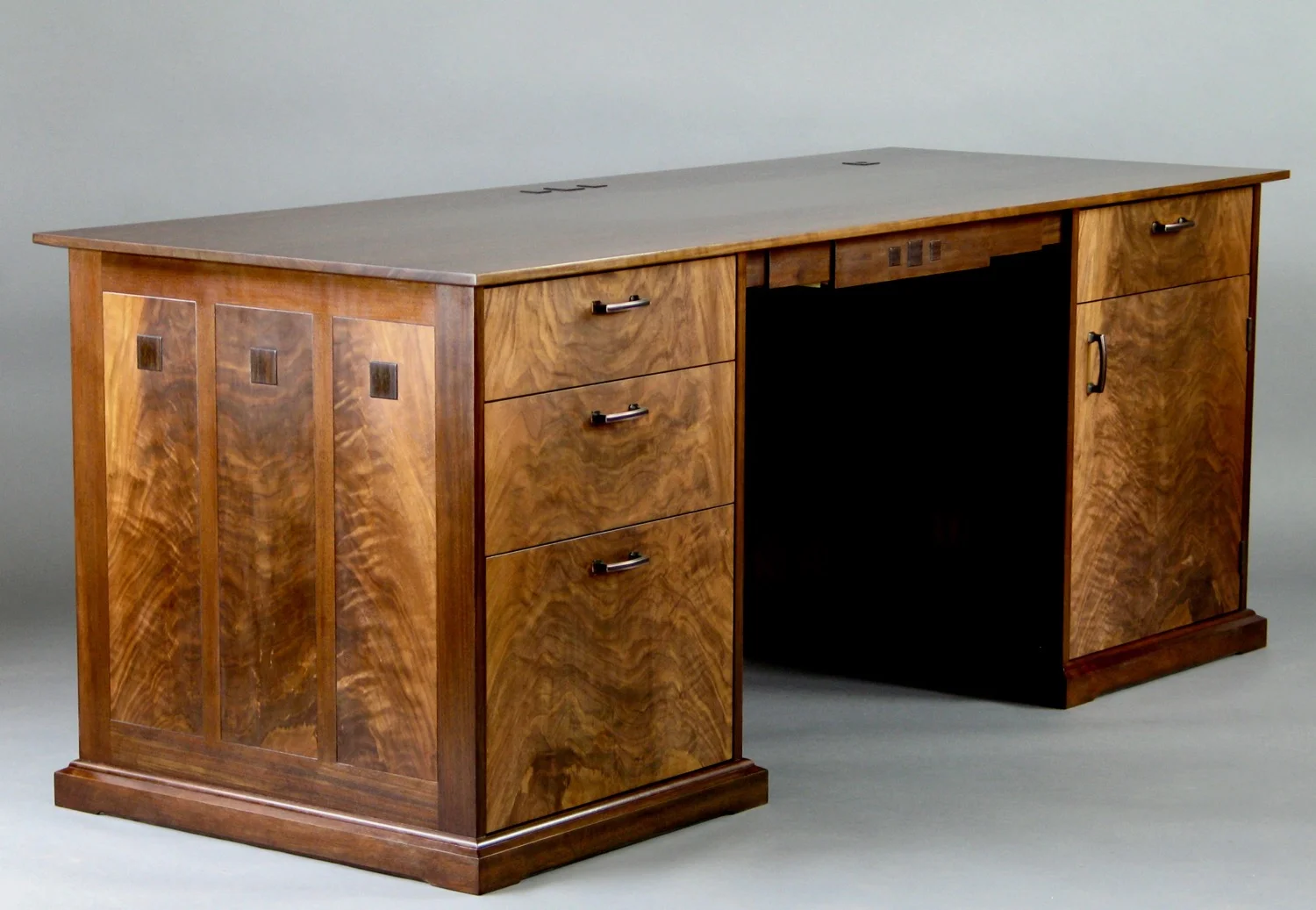 Gold desk - walnut, crotch walnut, inlaid wenge medallions wenge