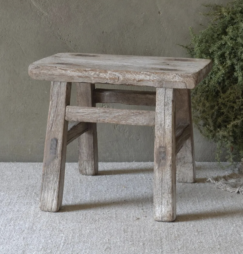 Petit Tabouret Antique en Bois d'Orme Massif, Chine
