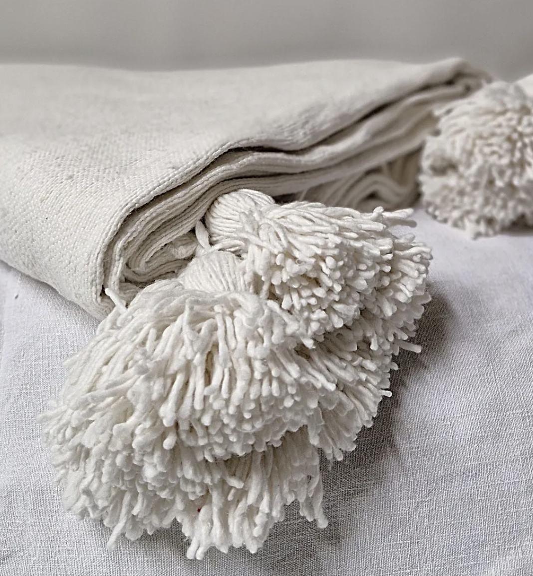 Plaid marocain avec pompons en coton
