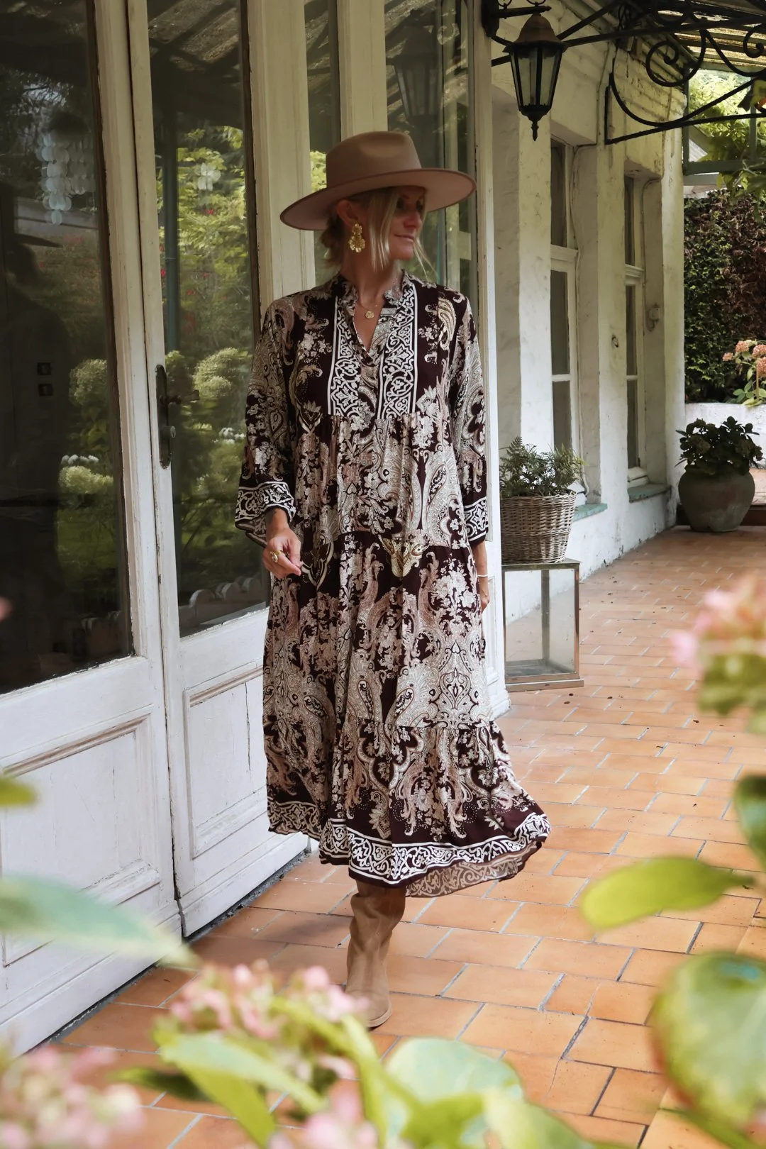 Robe longue JOANNE imprimé bohème chocolat — Carnet Sauvage