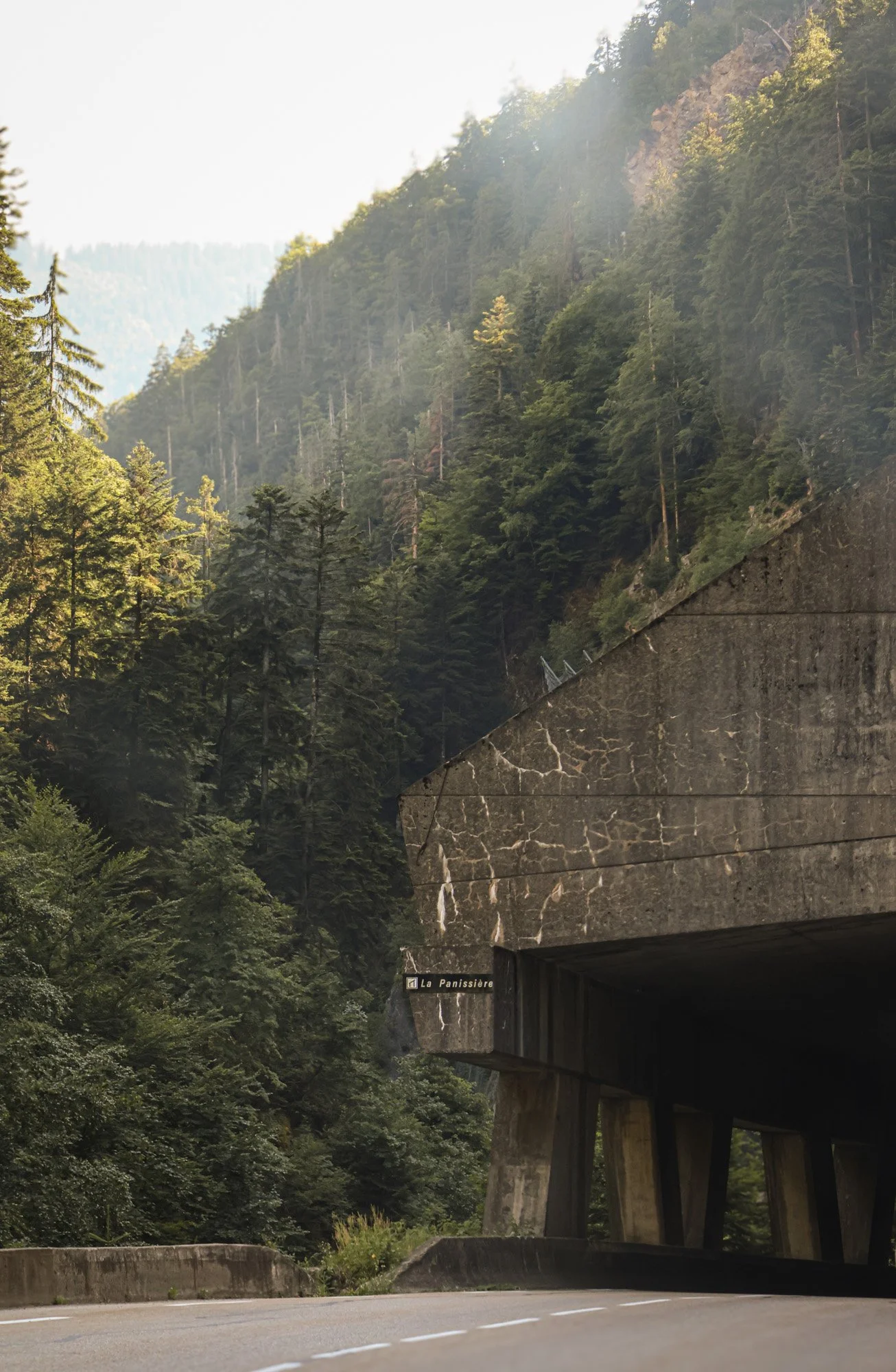 Vue d'une route serpentant dans une zone montagneuse avec un tunnel en béton et une végétation dense d'arbres.