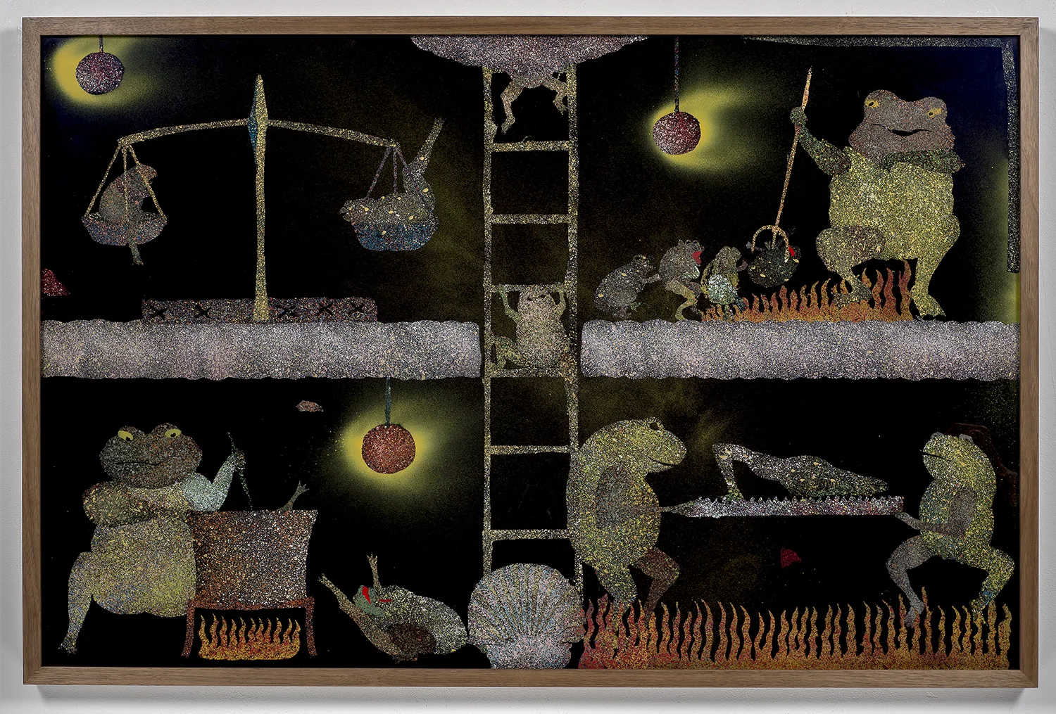 Vision of the purgatorial ladder with frogs and toads hinterglasmalerei acrylic on glass walnut frame 2017 120x100cm