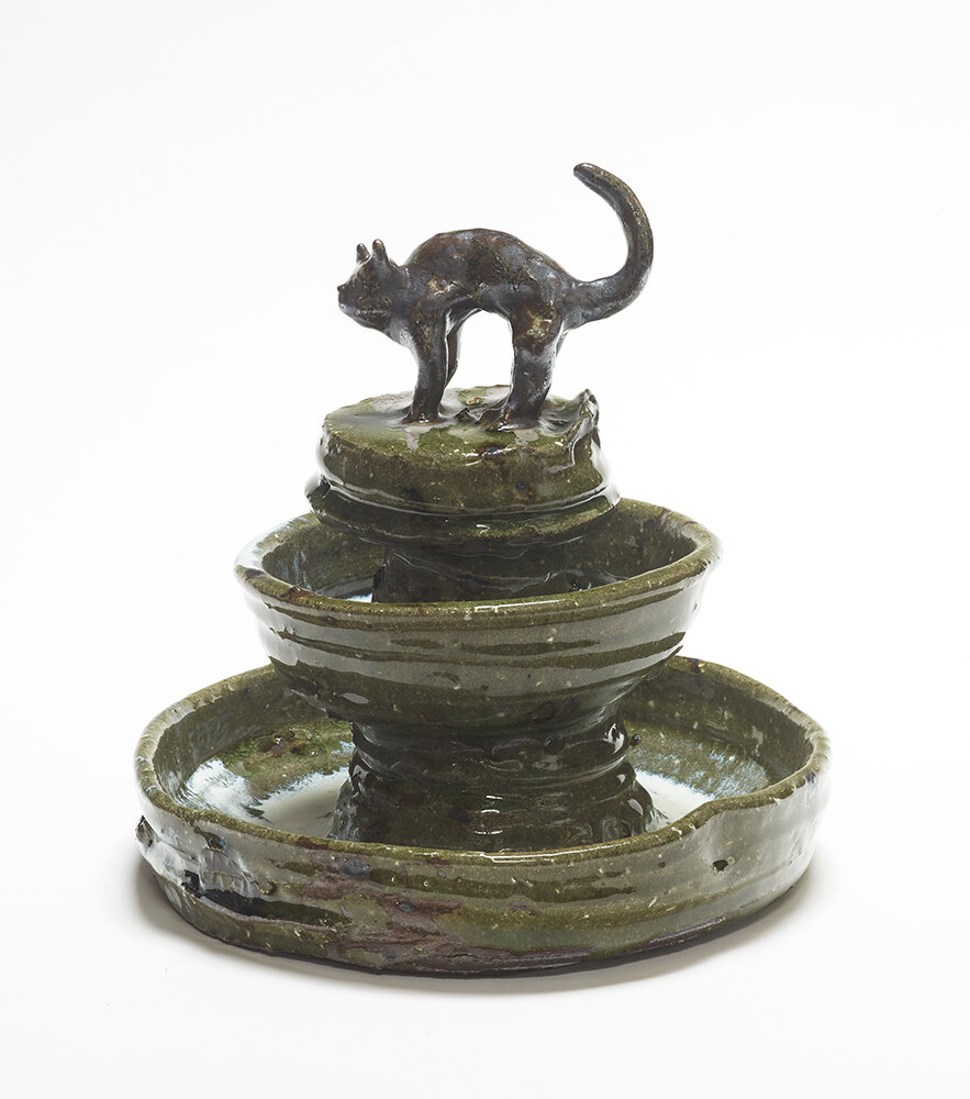   Fountain (cat)    reduced puisaye stoneware     with pine ash,     nuka and red     shino glazes   2020 