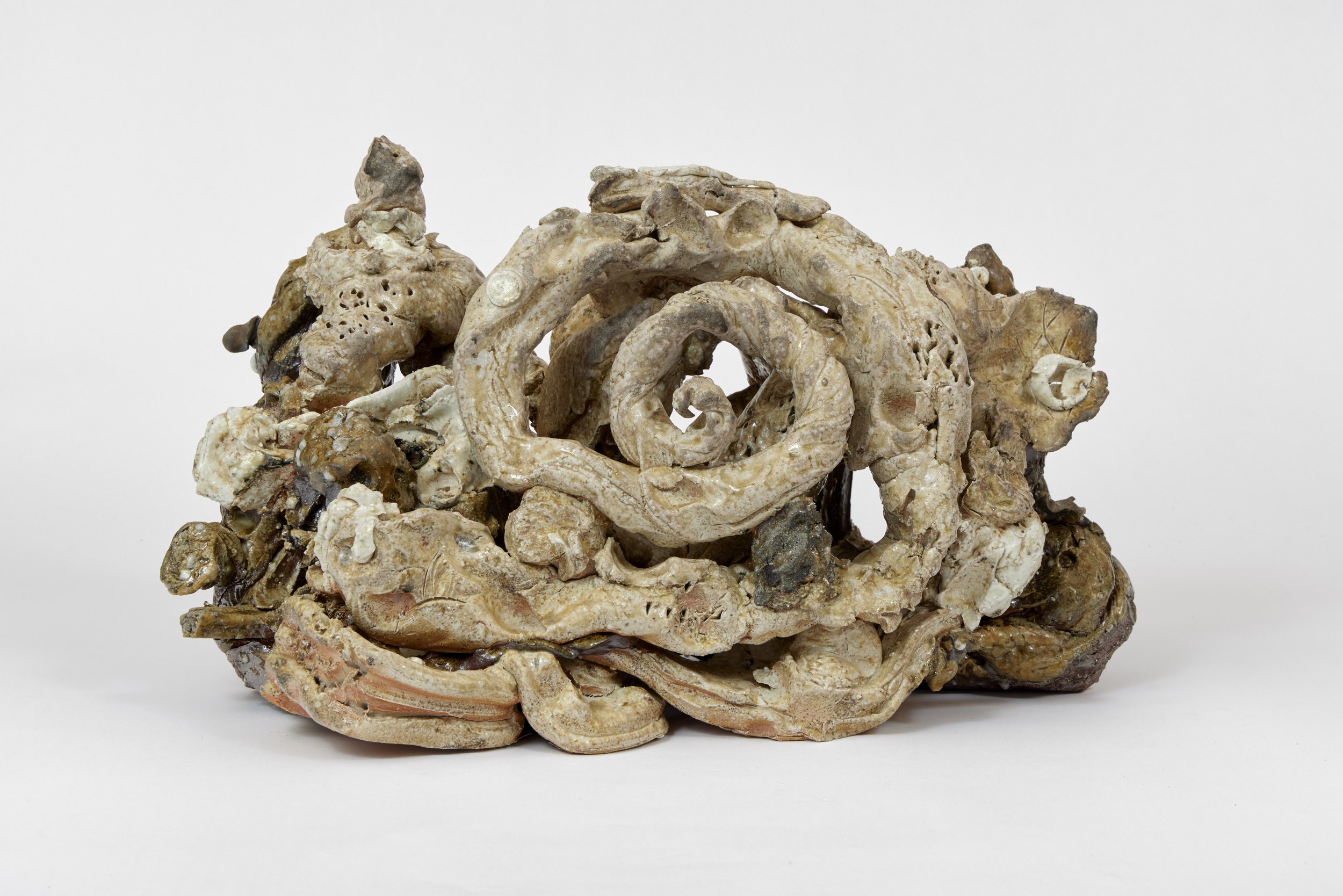  Untitled  anagama natural ash  French and English bodies, crude kaolin, decomposed granite  Yohen, bidoro,     tombo-no-me    44 x 35x 24 cm    2023 