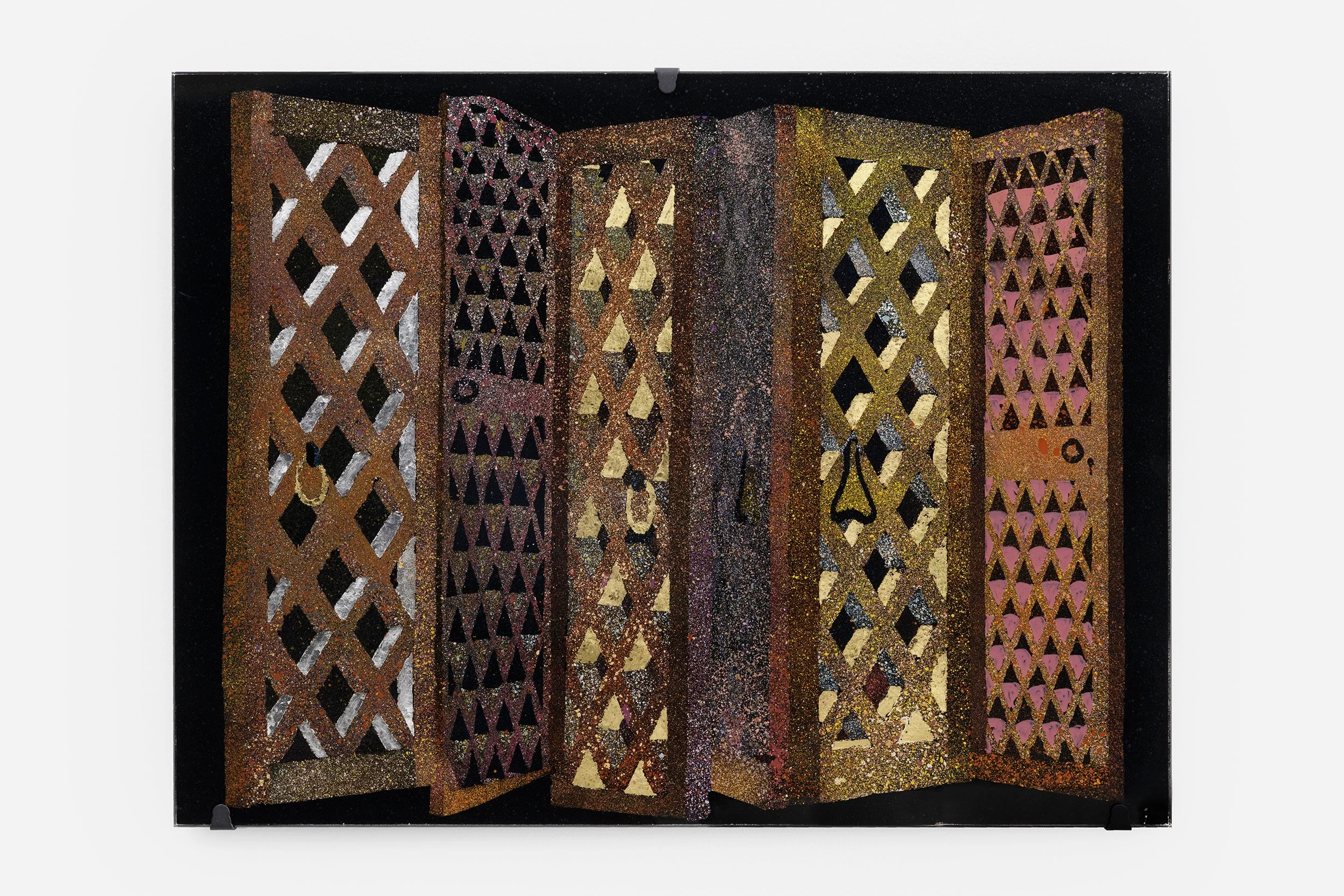 Intarsia – shut , 2025 Hinterglasmalerei (reverse-painted glass) Acrylic and precious metal on glass, blackened steel fixtures 45 x 60 cm
