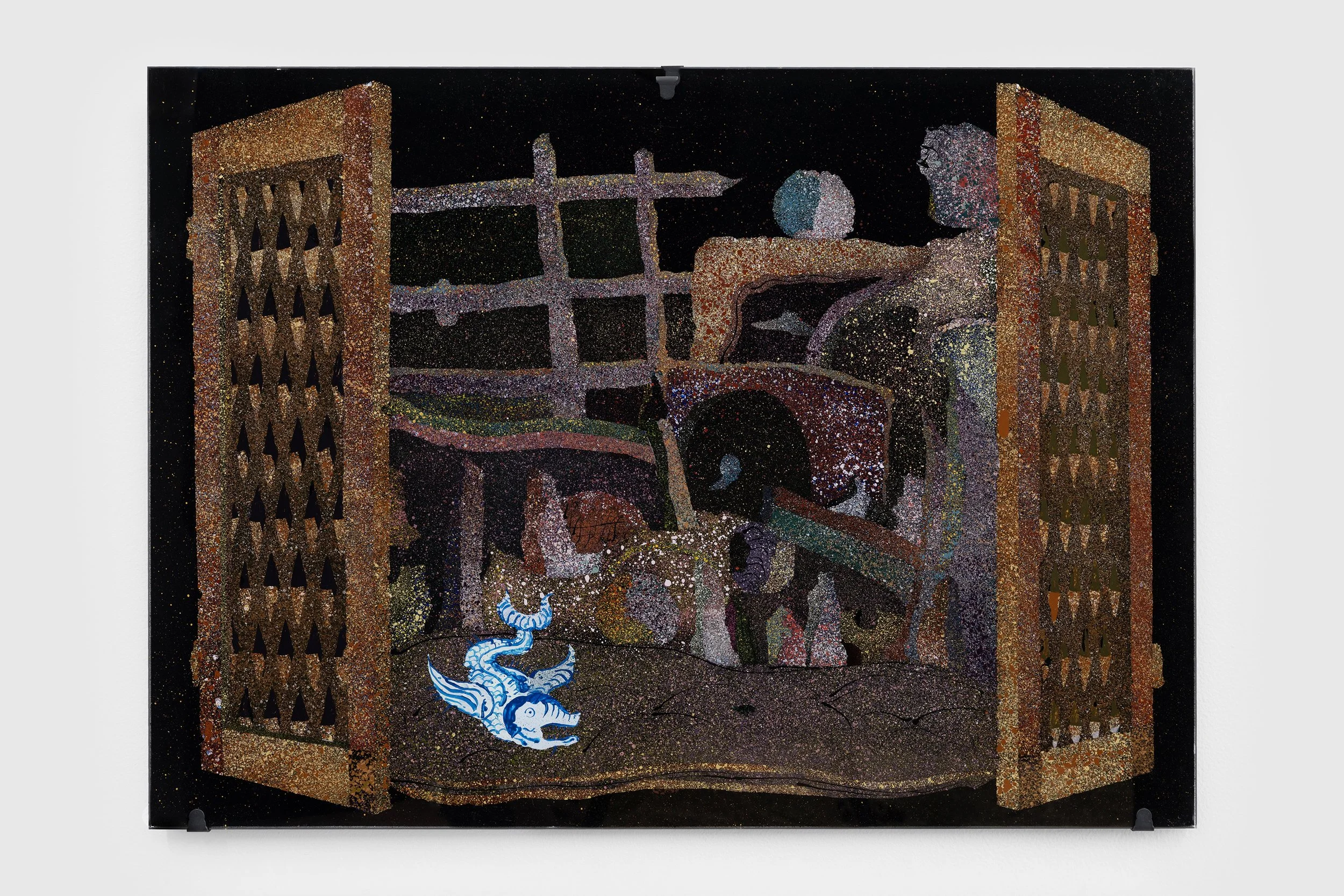 Intarsia – view , 2025 Hinterglasmalerei (reverse-painted glass) Acrylic on glass, blackened steel fixtures 50 × 70 cm