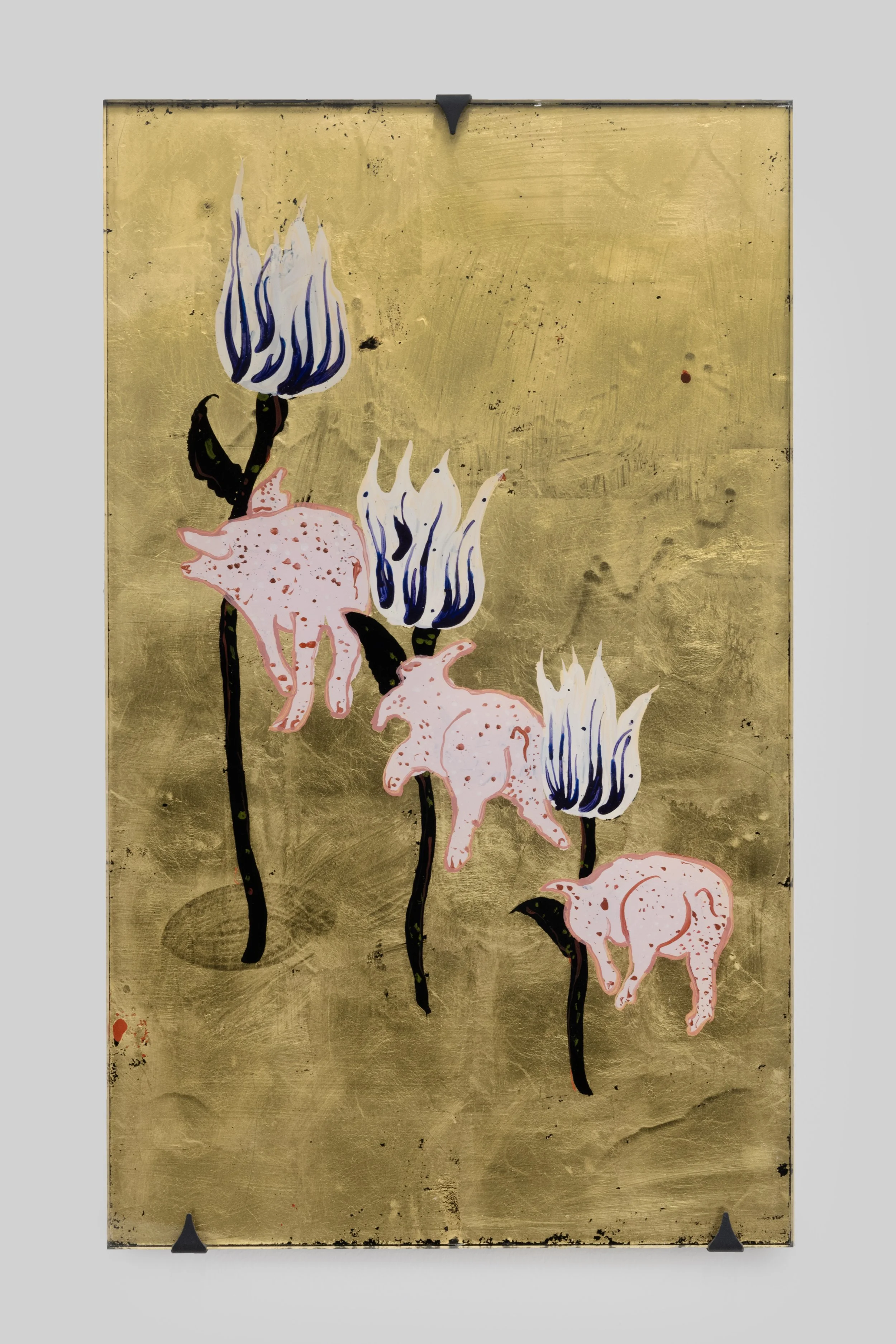Pig, tulip, pig, tulip, pig, tulip , 2025 Hinterglasmalerei (reverse-painted glass) Acrylic and precious metal on glass, blackened steel fixtures 50 × 30 cm
