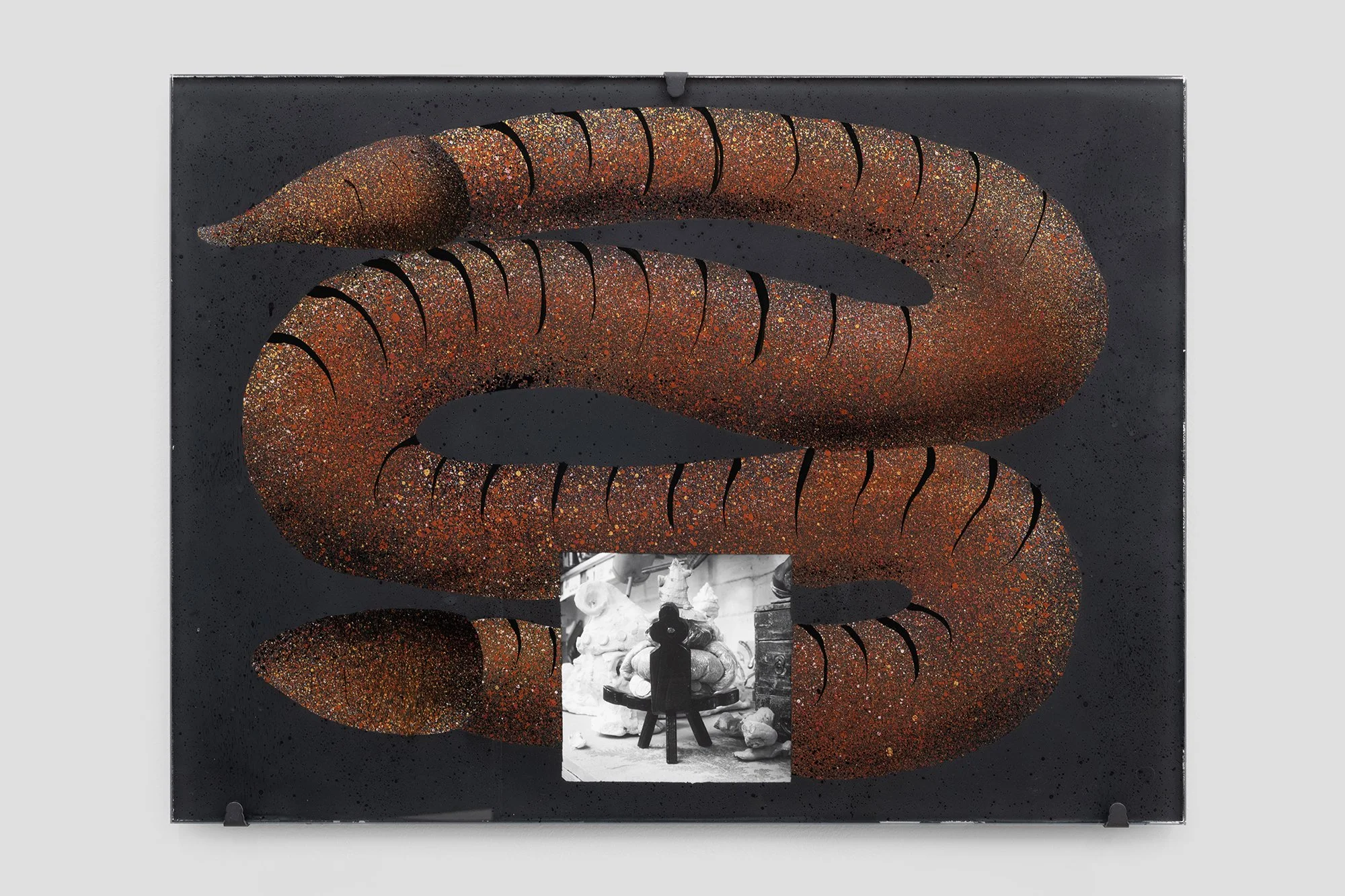 Worm Organ Painting , 2025 Hinterglasmalerei (reverse-painted glass) Acrylic on glass with gelatin silver print, blackened steel fixtures 45.5 x 61.5 cm