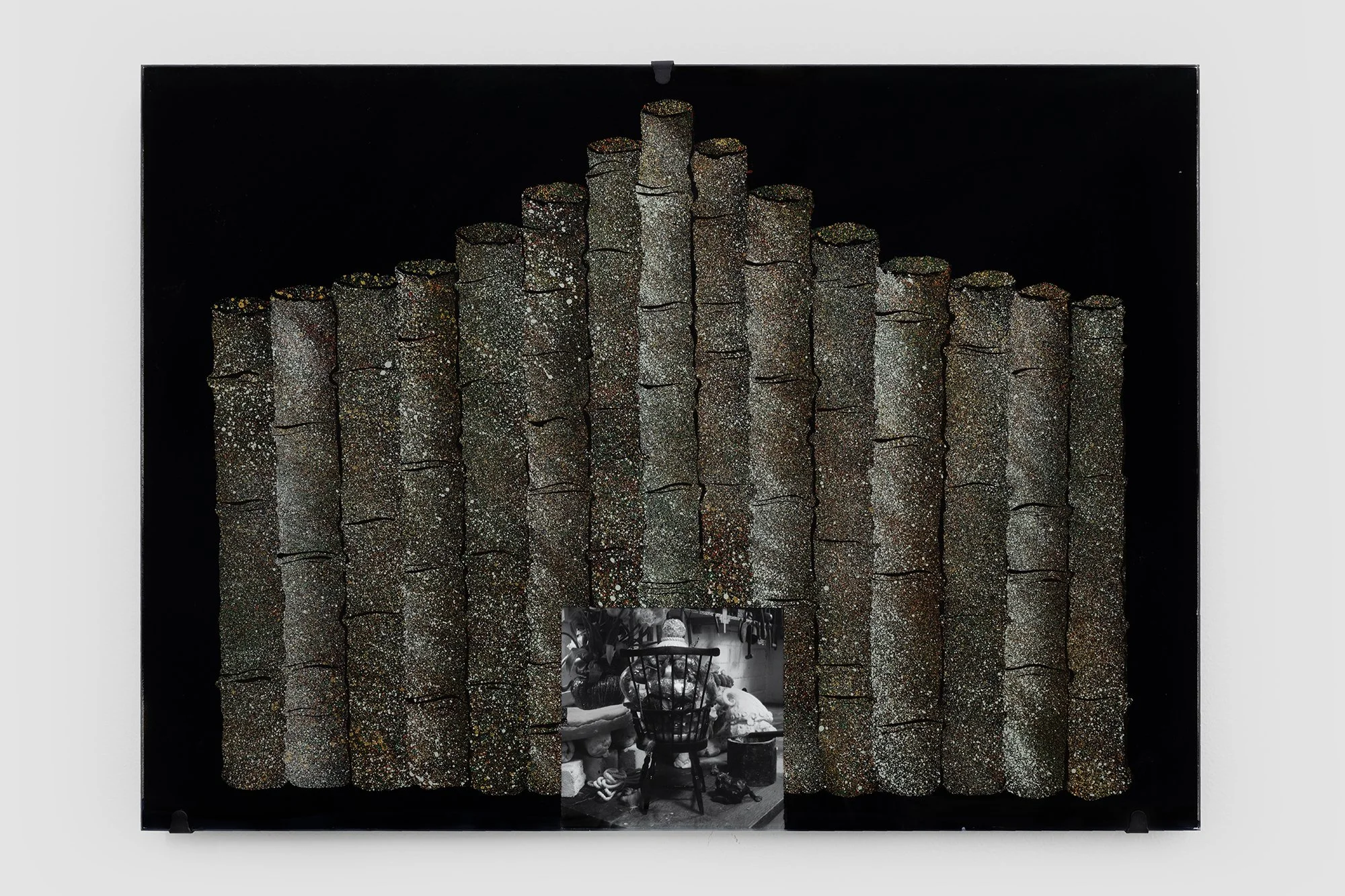 Bamboo Organ Painting , 2025 Hinterglasmalerei (reverse-painted glass) Acrylic on glass with gelatin silver print, steel fixtures 50 × 70 cm