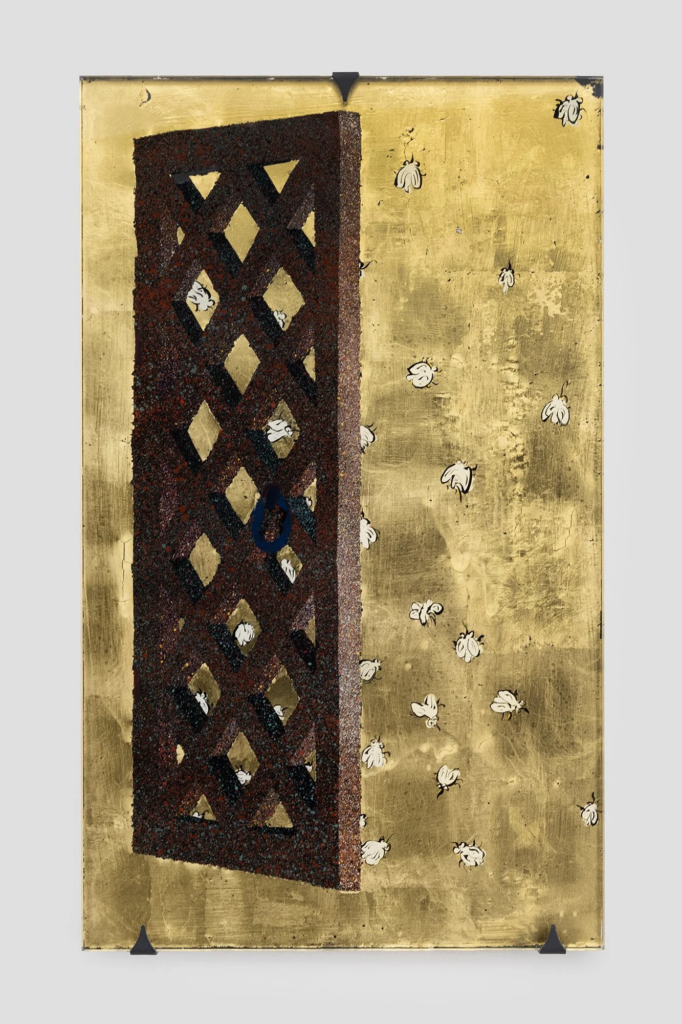 Intarsia – Whitefly , 2025 Hinterglasmalerei (reverse-painted glass) Acrylic and precious metal on glass, blackened steel fixtures 50 x 30 cm