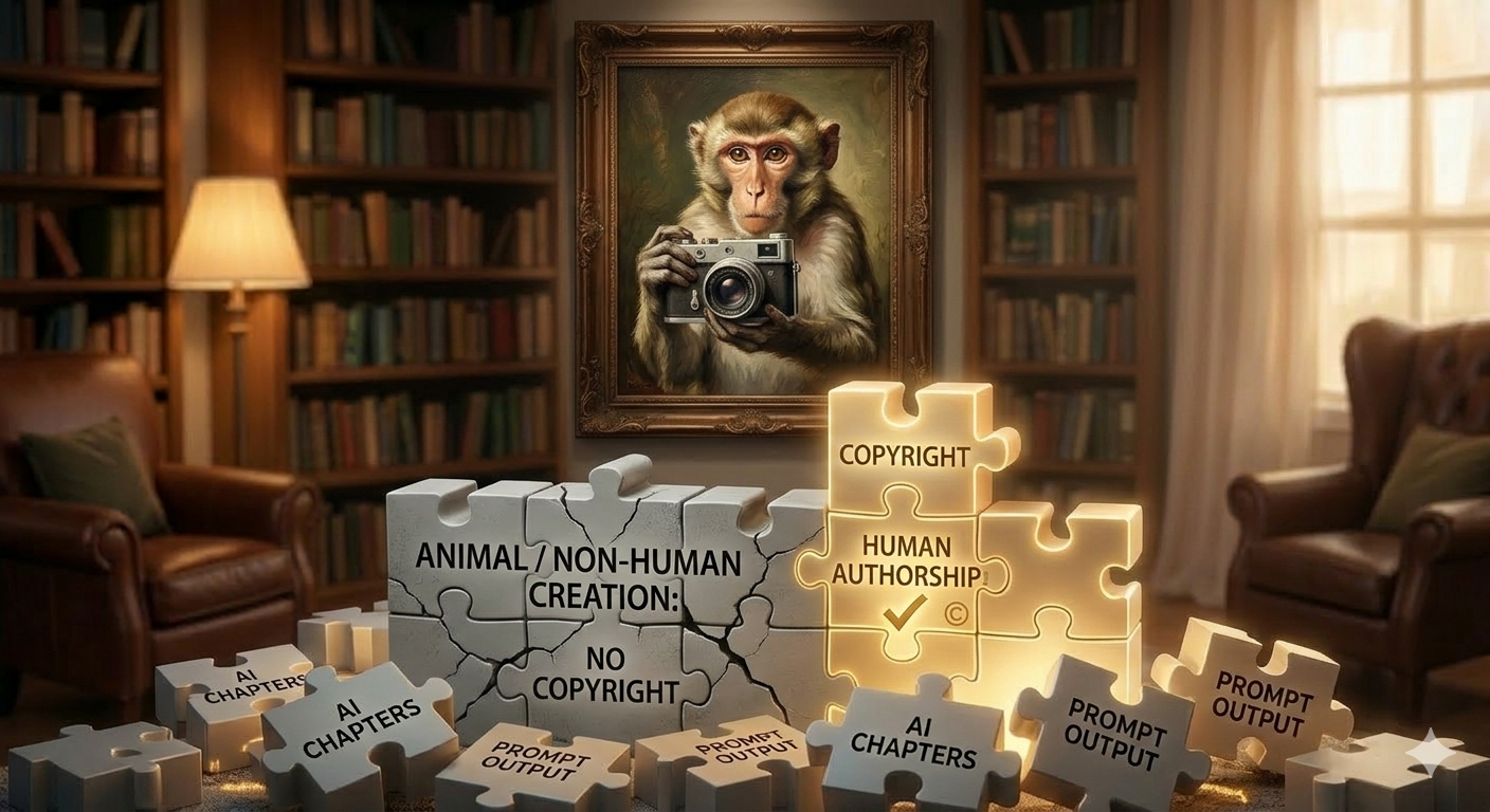 A playful and symbolic historical illustration. A vintage photograph, framed as a painting on the wall in image_4.png's library, depicts the famous macaques from the "monkey selfie" case.