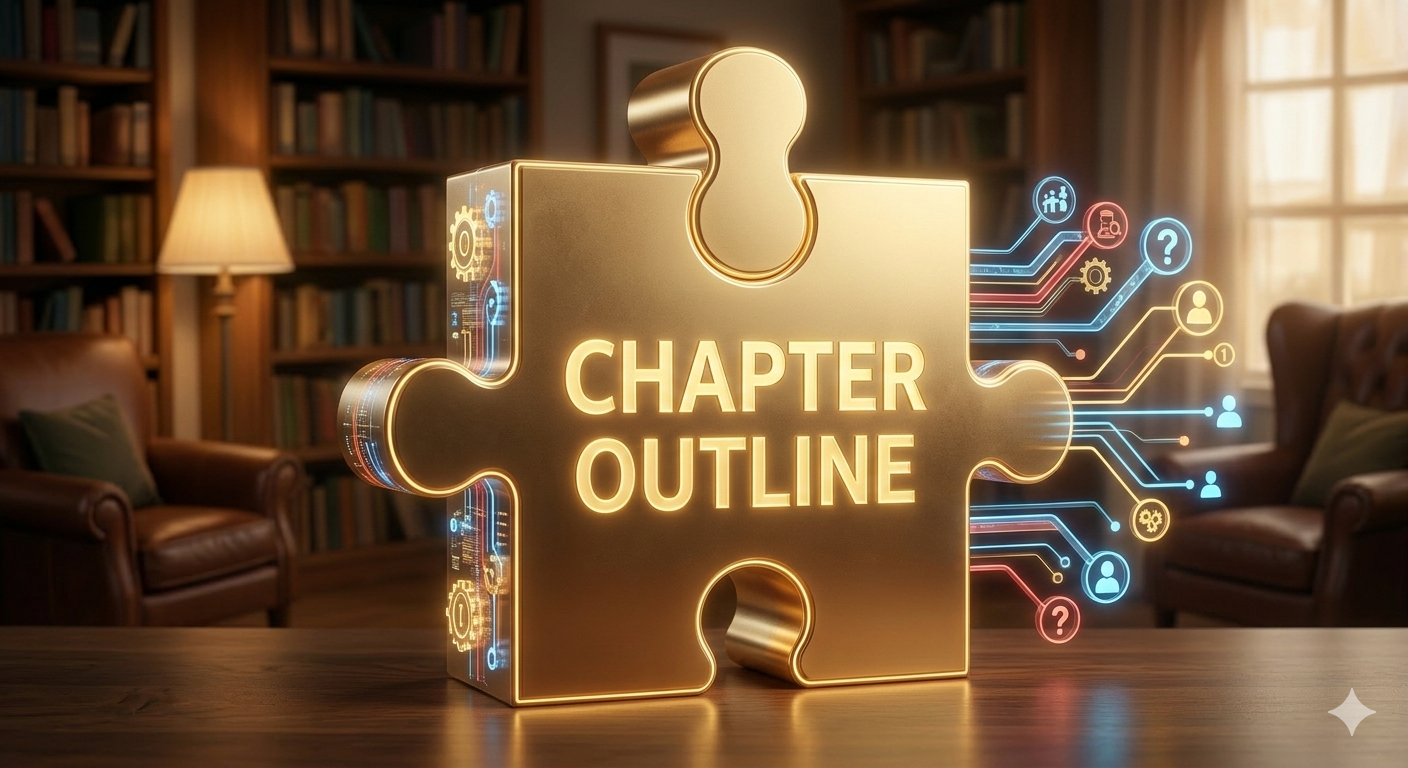 The monumental puzzle piece, labeled "CHAPTER OUTLINE"