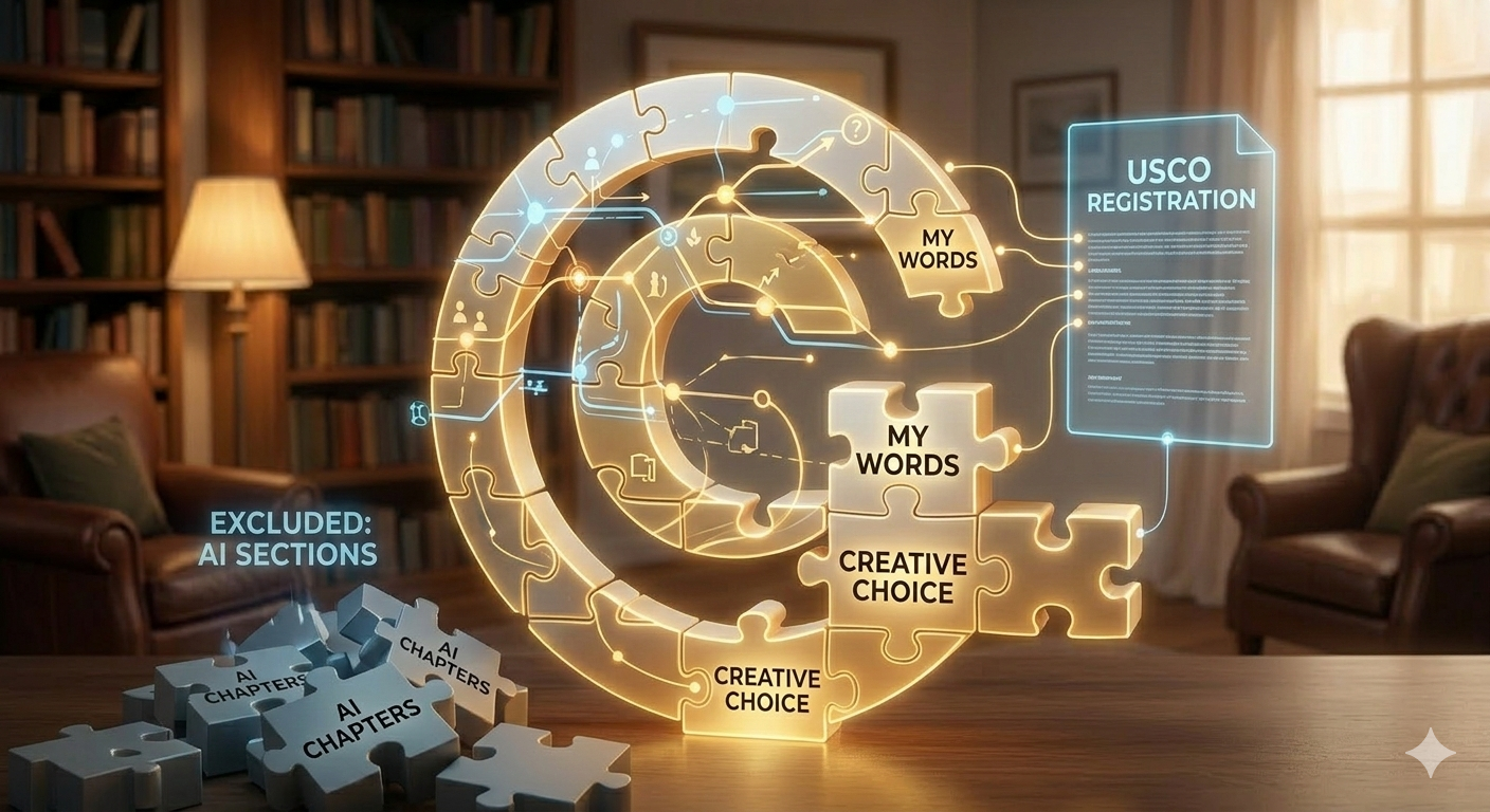 A conceptual image featuring a traditional, stylized, large copyright symbol formed by interlocking glowing puzzle-block-like data nodes