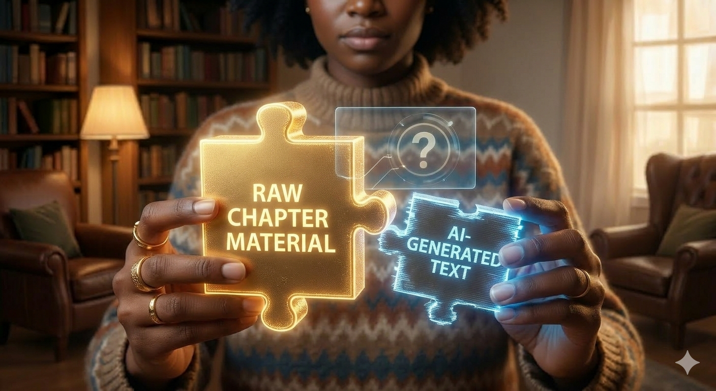 The medium shot focuses on the author's hands, complete with the distinct rings , holding a single, prominent, glowing golden puzzle block labeled with glowing text that reads: "RAW CHAPTER MATERIAL".