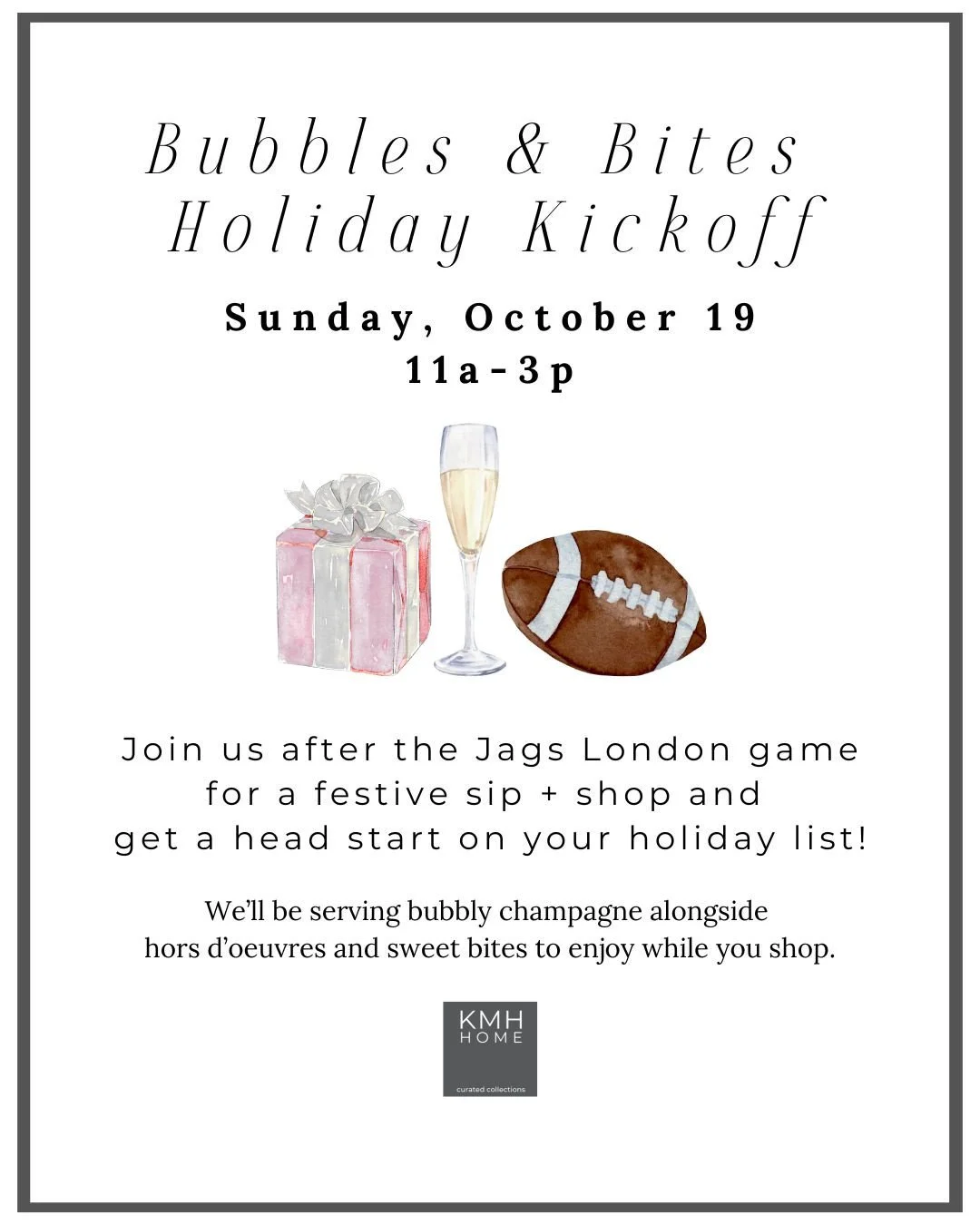 Sunday, be sure to join us after the London game for a fun sip+shop! Cheers to kicking off the season in style! 🥂
