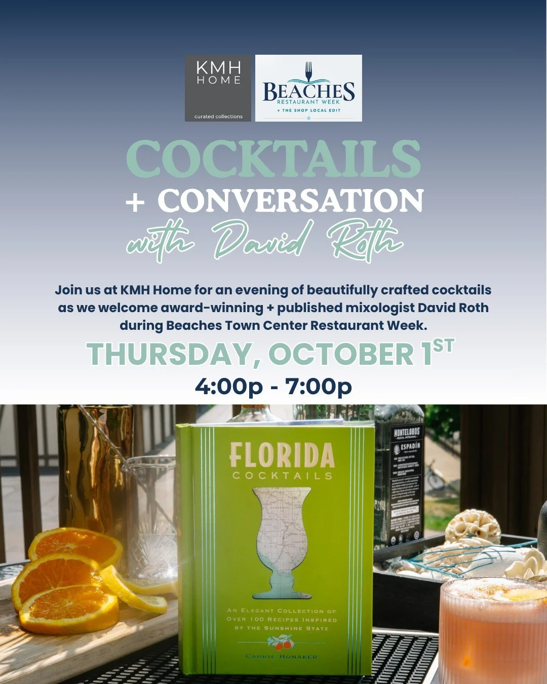 Cocktails, conversations &amp; good times. 🍹 We&rsquo;re so excited to welcome our friend, David Roth, to KMH Home for a fabulous evening of cocktails, stories, and a little mixology magic. Come meet the legend behind two of the recipes featured in 