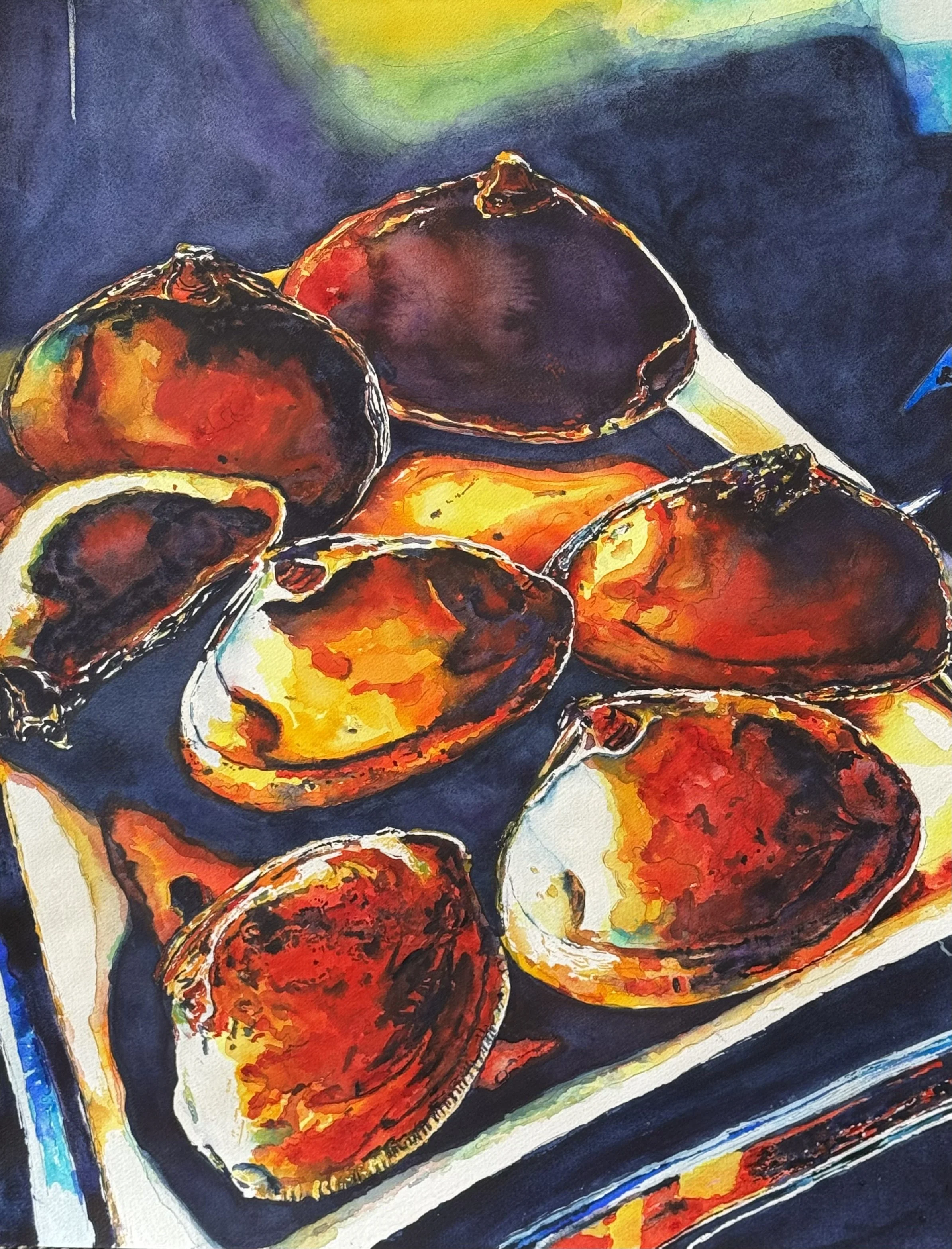 WHAM! BAM! THANK YOU CLAM! - 18”x24” - Hot out of the oven, seven quahogs radiate liquid golds and chili pepper reds. They rest on a tray that hovers over a mesmerizing and curious background of simple lines and dark colors, dichotomous to the