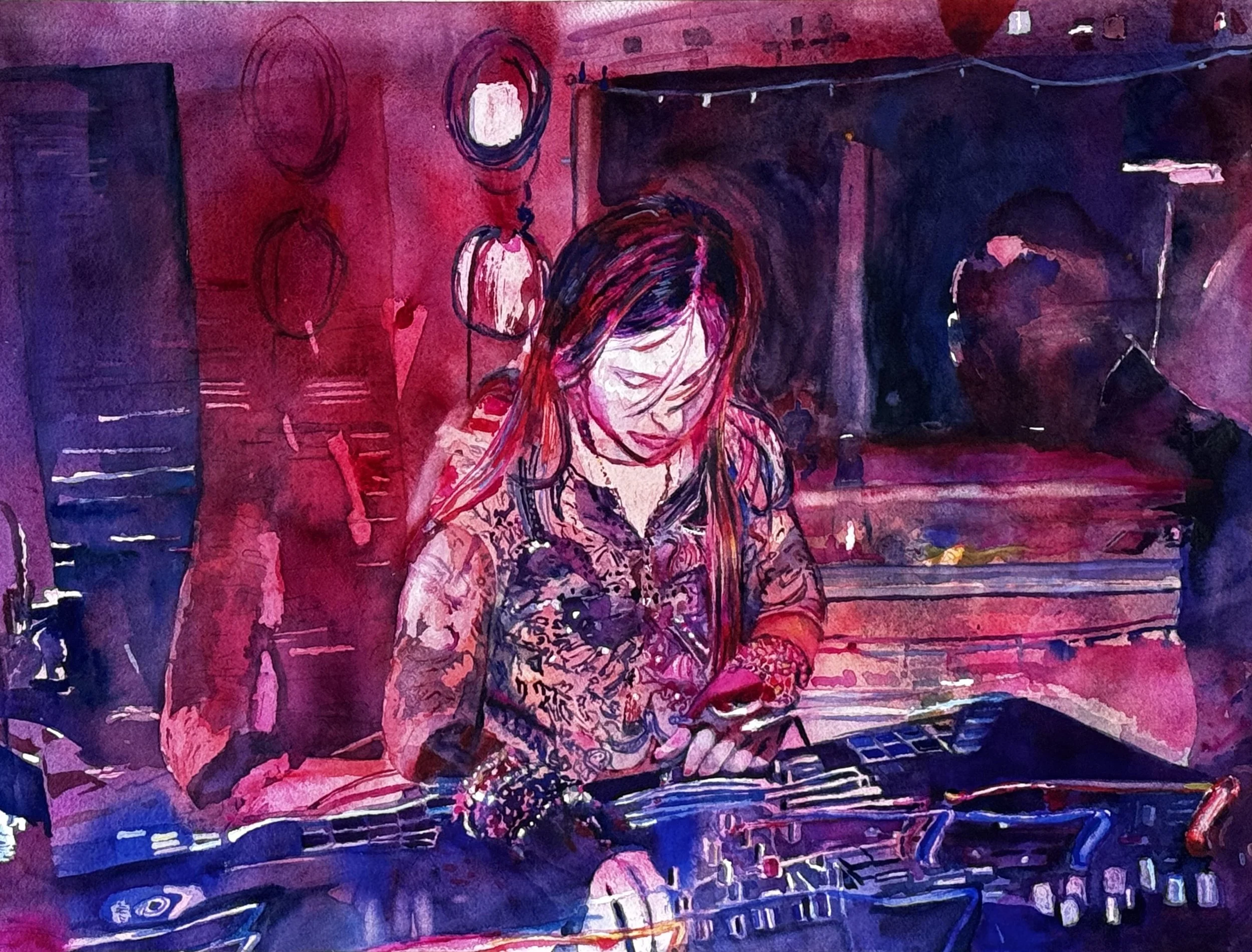  “Maeve the Rave” - 18”x24” - The DJ intently focuses on creating music with a measured turn of an EQ&nbsp; knob and a flip of a switch.&nbsp; She is controlled at the control board, focused, and unfazed by the mesmerizing streaks of funky lights and