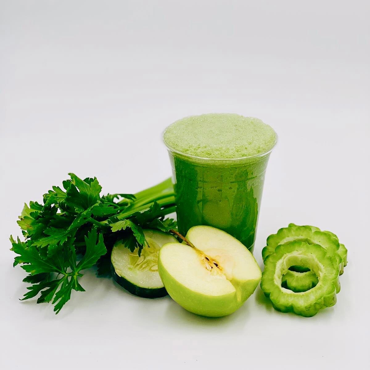All greens blend into a cup. Intimidated by the bitterness from the bitter melon? No worries - the freshness from the cucumber and the sweetness from the apple are here to help you out! #rejuvenateyourskin #nourishyourbody #applecucumberjuice #freshj