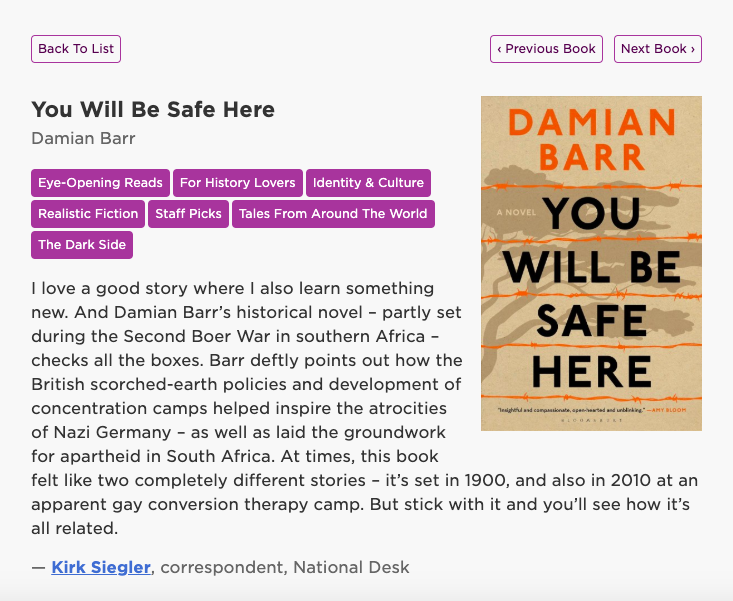 NPR 'Favorite Books of 2019' - You Will Be Safe Here