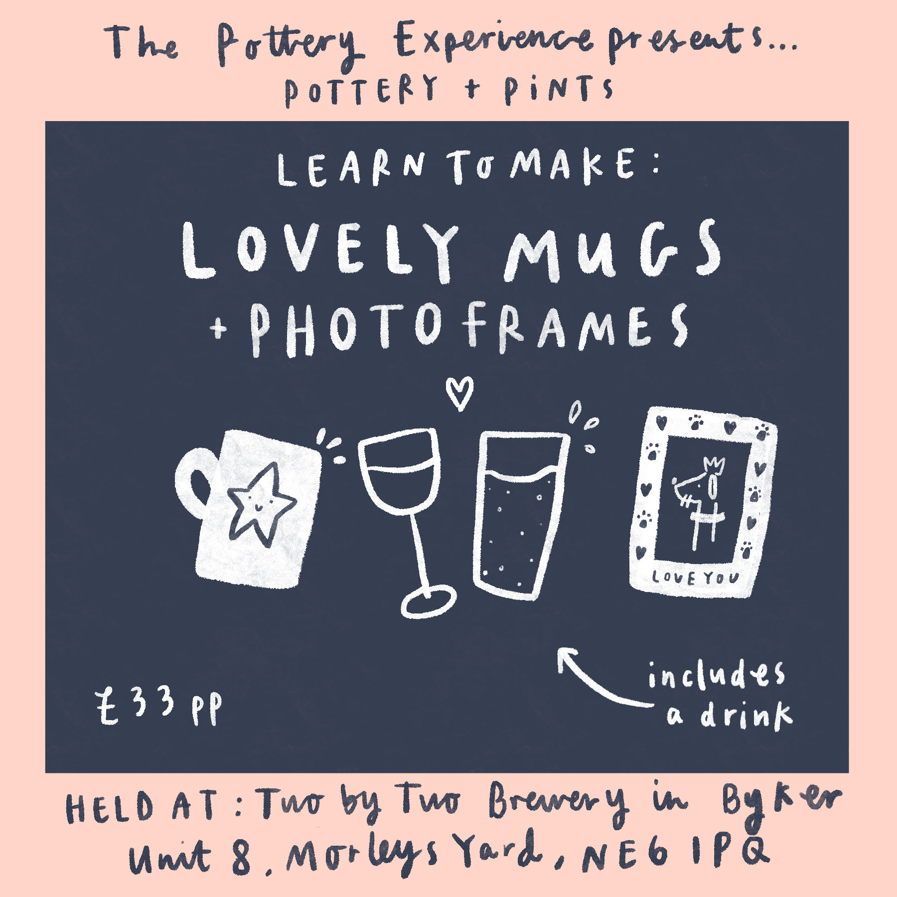 Pottery + pints @ Two By Two Brewery and Tap Room [includes making a mug / photoframe + a drink of your choice]