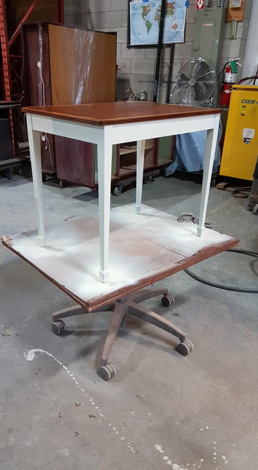TUP End Table showing warm white base on zebra striped mahogany top table with yew inlay on top April 2019.jpg