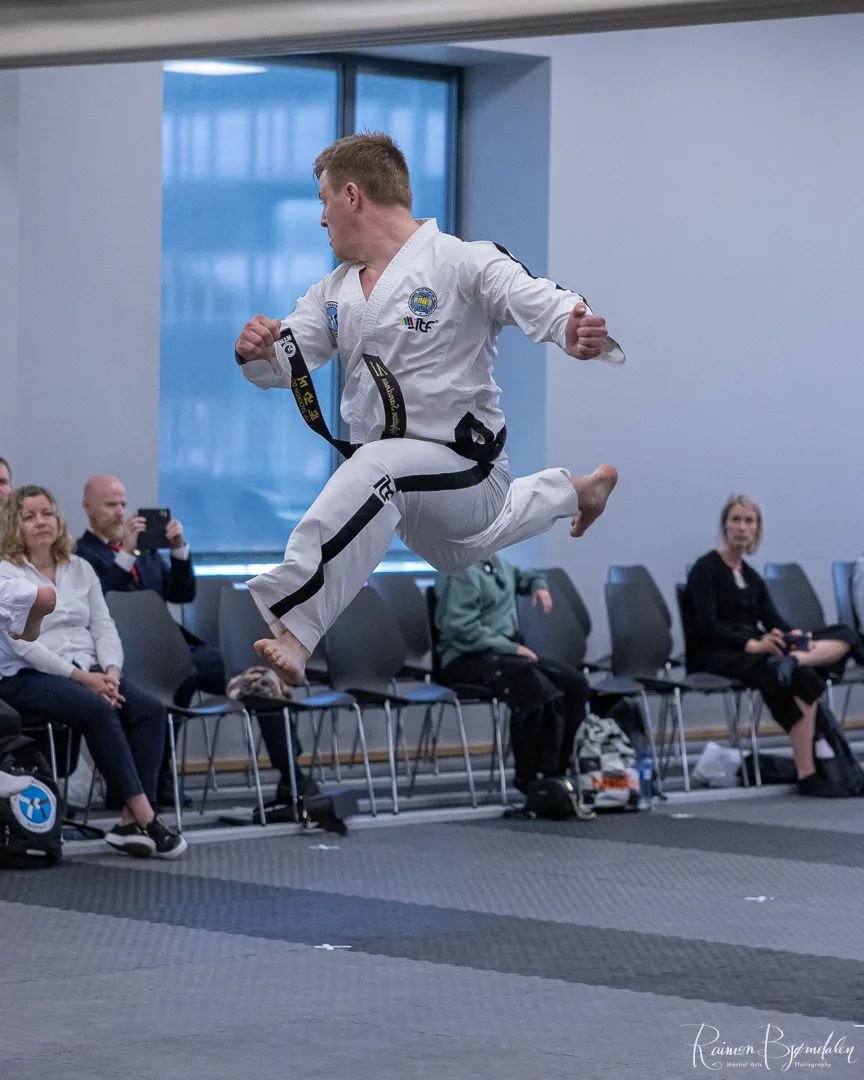 When you hit 4th degree in ITF Taekwon-Do, you no longer get to do jumping back kicks, which lasts for half a second at most. You now have to stop mid-air and kick. This lasts for about 4 seconds, I believe, and was invented mid-sake shot... 🍶
&bull