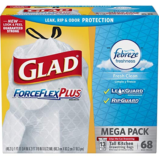 68 PACK OF GLAD FORCEFLEX TRASH BAGS FOR $11.19
