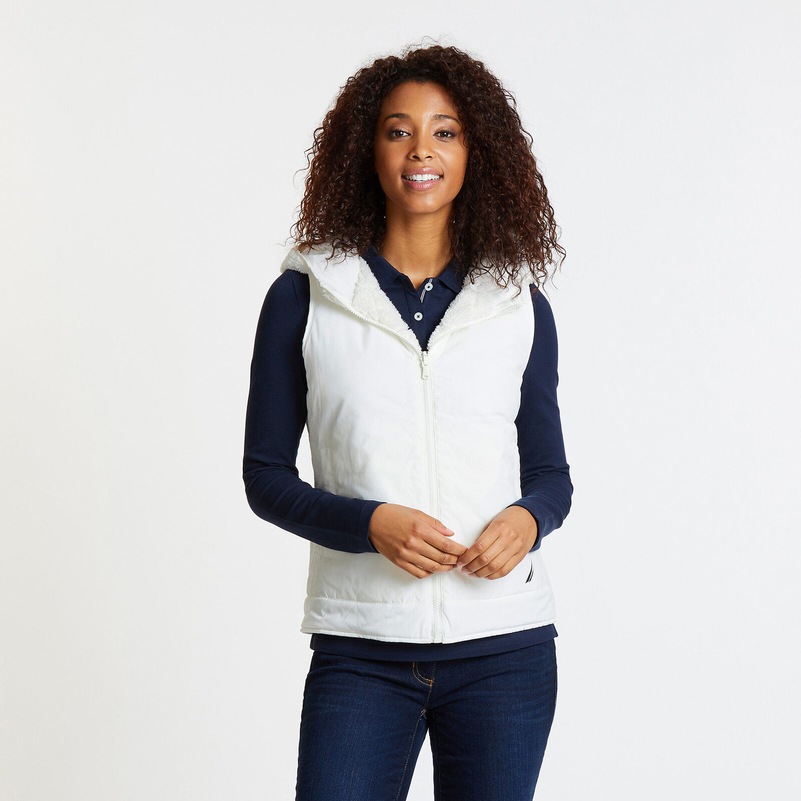 NAUTICA WOMENS REVERSIBLE QUILTED SHERPA FLEECE VEST FOR $25.00