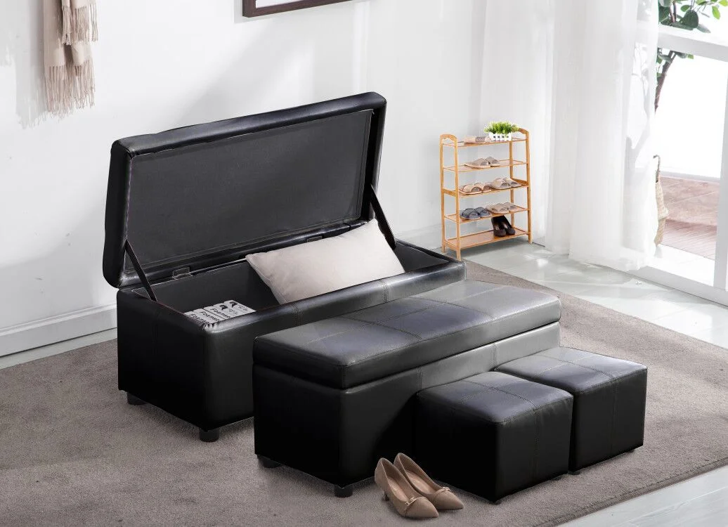4-PIECE BLACK LEATHER STORAGE OTTOMAN SET FOR $108.99