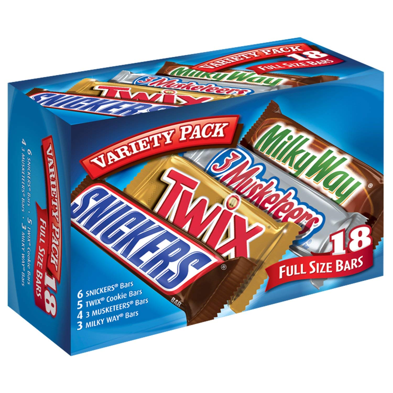 18-COUNT OF SNICKERS, TWIX, 3 MUSKETEERS AND MILKY WAY BARS FOR $7.18