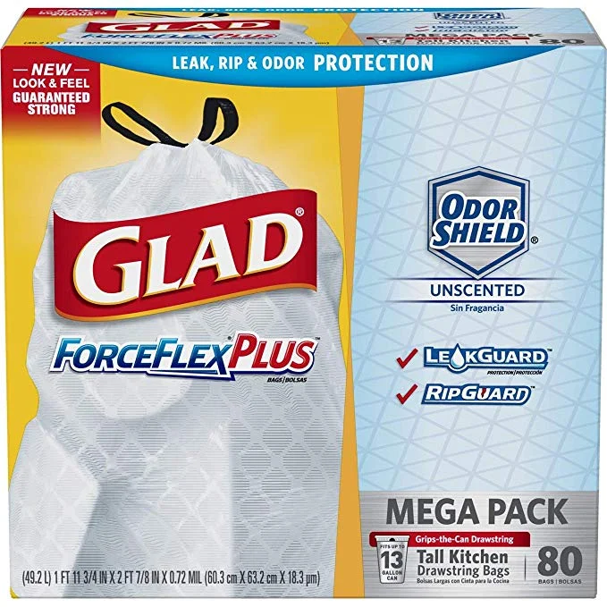 BOX OF 80 - GLAD FORCE FLEX PLUS ODORSHIELD TRASH BAGS FOR $9.87