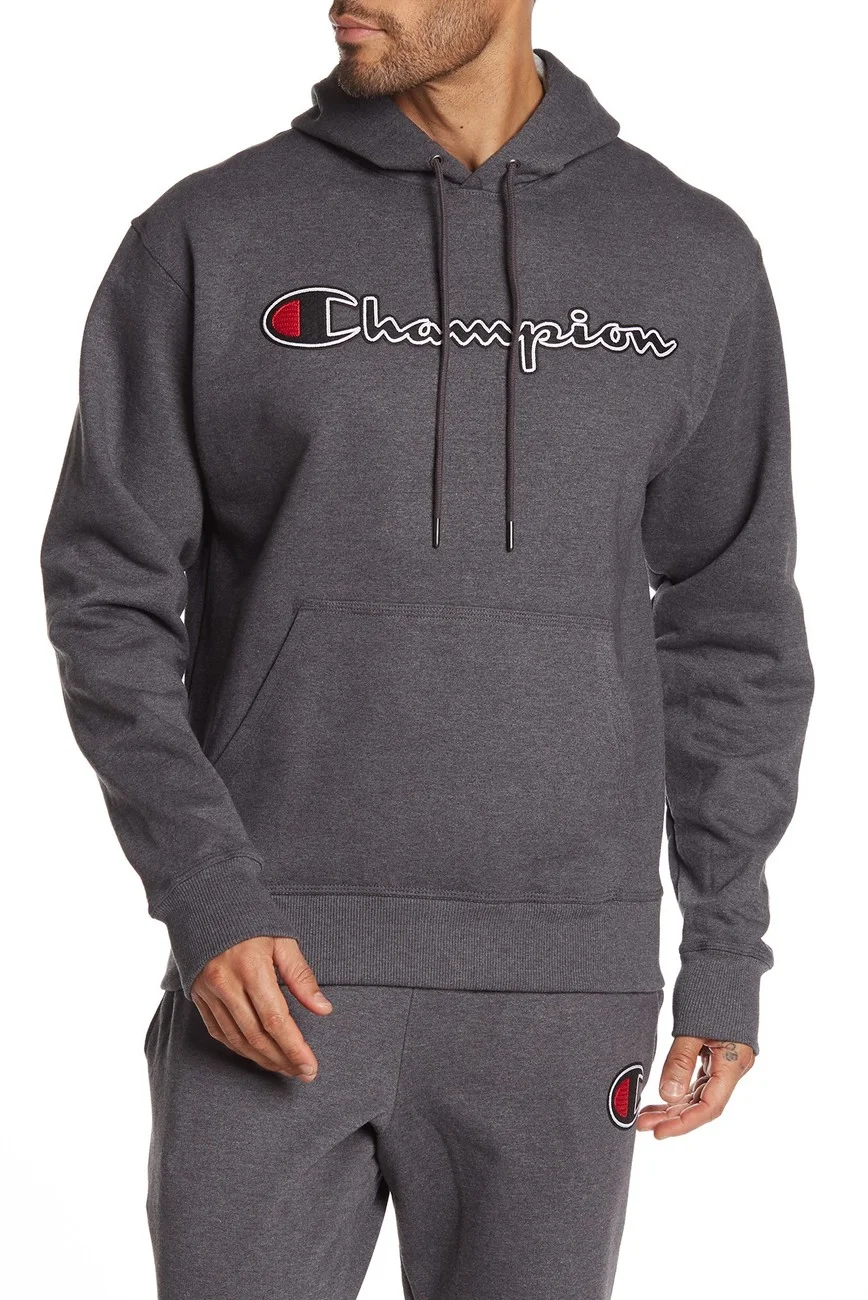 CHAMPION SCRIPT LOGO PATCH HOODIES FOR $29.97