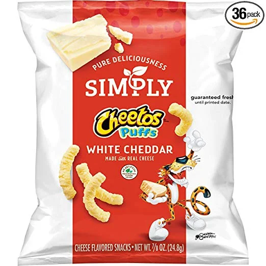 36 SNACK BAGS OF SIMPLY CHEETOS PUFFS WHITE CHEDDAR CHEESE FOR $10.25