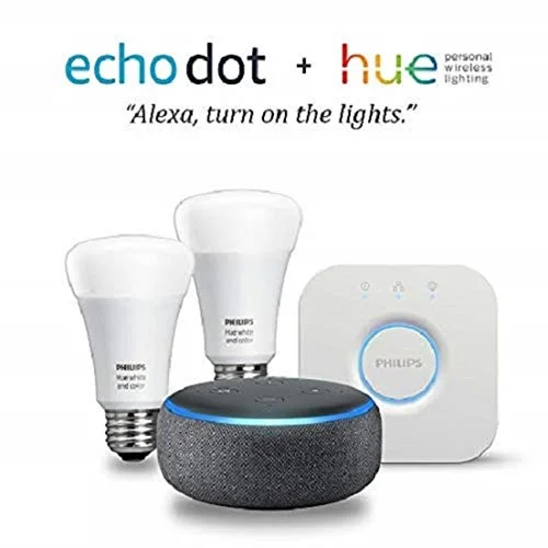 AMAZON ECHO DOT (3RD GEN) + PHILIPS HUE WHITE AND COLOR SMART LIGHT BULB STARTER KIT FOR $89.99