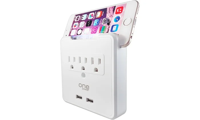 3-OUTLET DUAL-USB WALL TAP WITH BUILT-IN PHONE OR TABLET STAND FOR $10.99