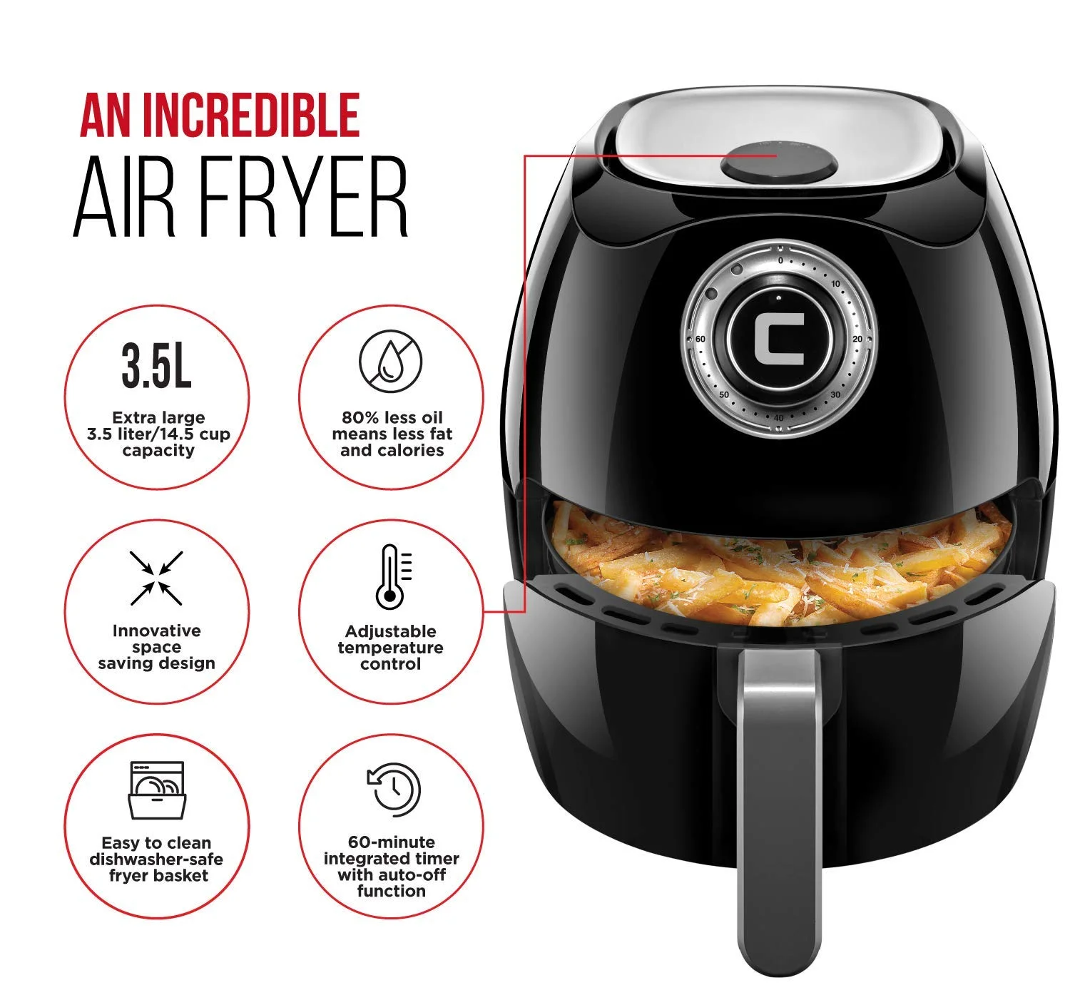 3.5 LITER AIR FRYER WITH SPACE SAVING FLAT BASKET FOR $39.99