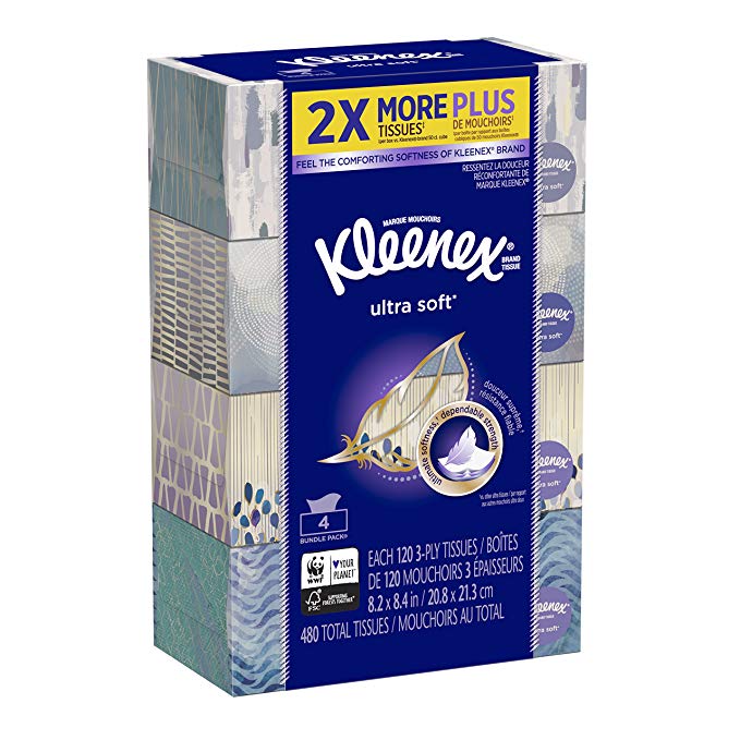 KLEENEX ULTRA SOFT FACIAL TISSUE (PACK OF 4) - 120 TISSUES PER BOX FOR $5.99