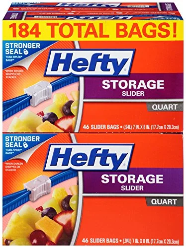 HEFTY SLIDER STORAGE BAGS - QUART SIZE (4 BOXES OF 46 BAGS) FOR $11.34