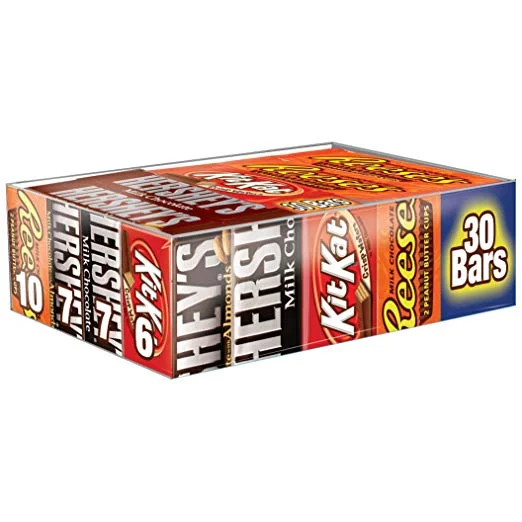 PACK OF 30 BARS - HERSHEY MILK CHOCOLATE, HERSHEY MILK CHOCOLATE ALMOND, KIT-KAT, AND REESE’S CUPS FULL SIZE CANDY FOR $13.39