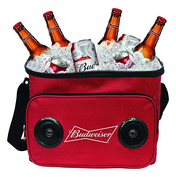 PORTABLE BUDWEISER SOFT COOLER WITH BUILT-IN BLUETOOTH SPEAKERS FOR $29.99