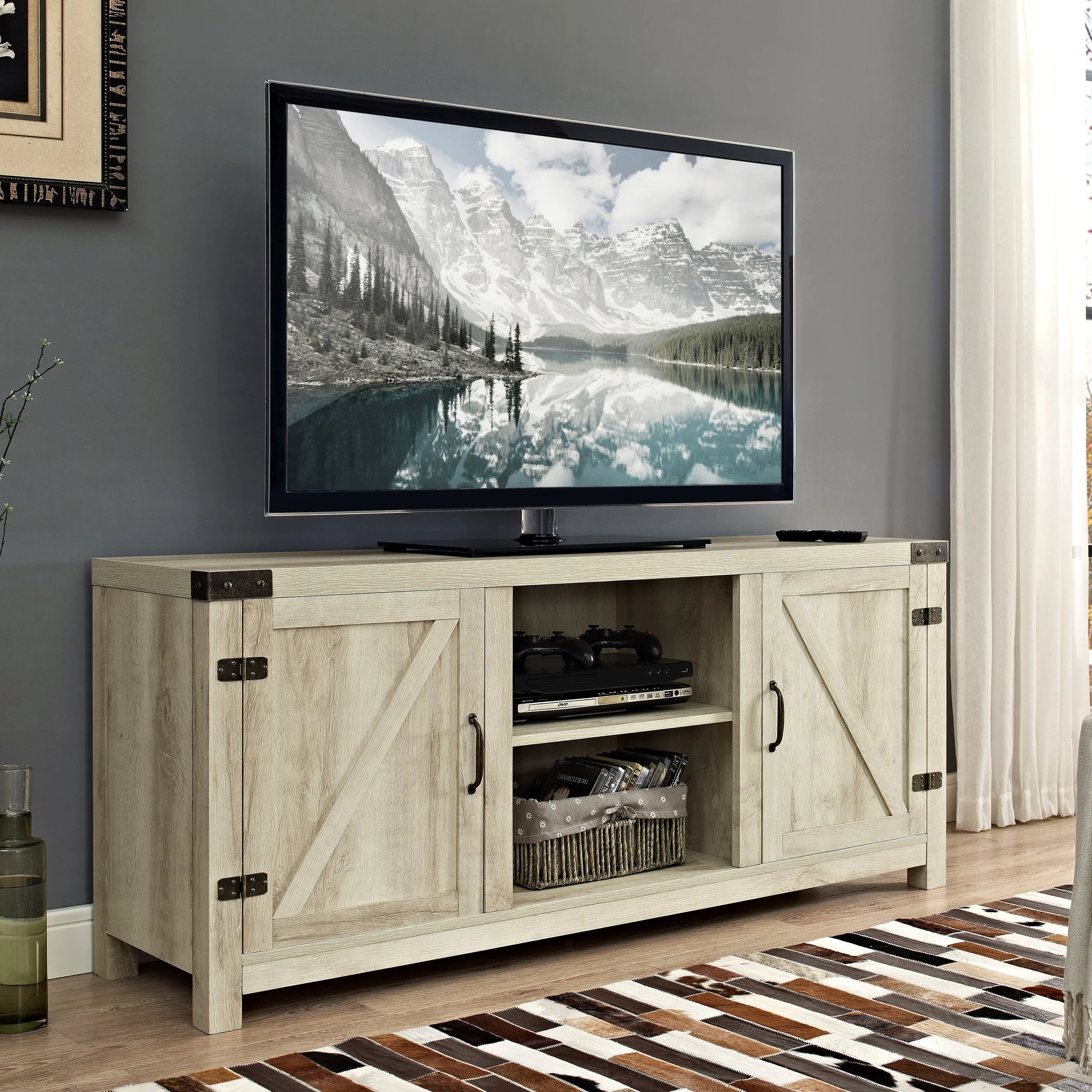58-INCH BARN DOOR TV STAND WITH SIDE DOORS FOR TVS UP TO 65-INCH FOR $115.00
