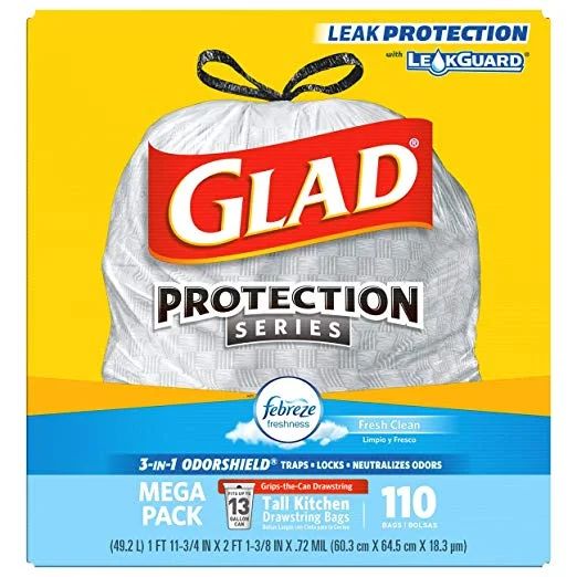 110 COUNT  - GLAD TALL KITCHEN DRAWSTRING TRASH BAGS - ODORSHIELD FOR $10.11
