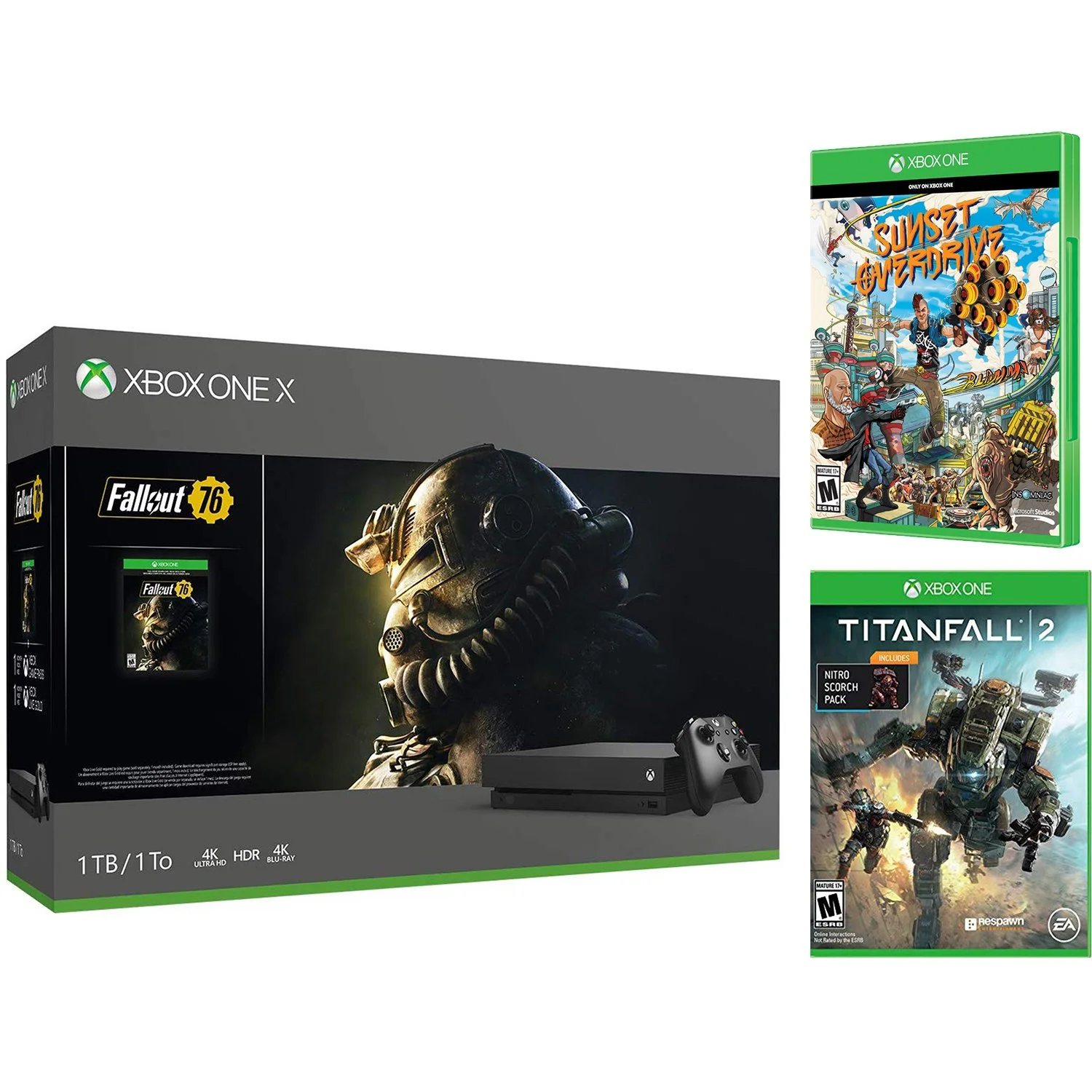 XBOX ONE X 1TB + FALLOUT 76, SUNSET OVERDRIVE, TITANFALL 2 WITH NITRO DLC GAMING BUNDLE FOR $337.00